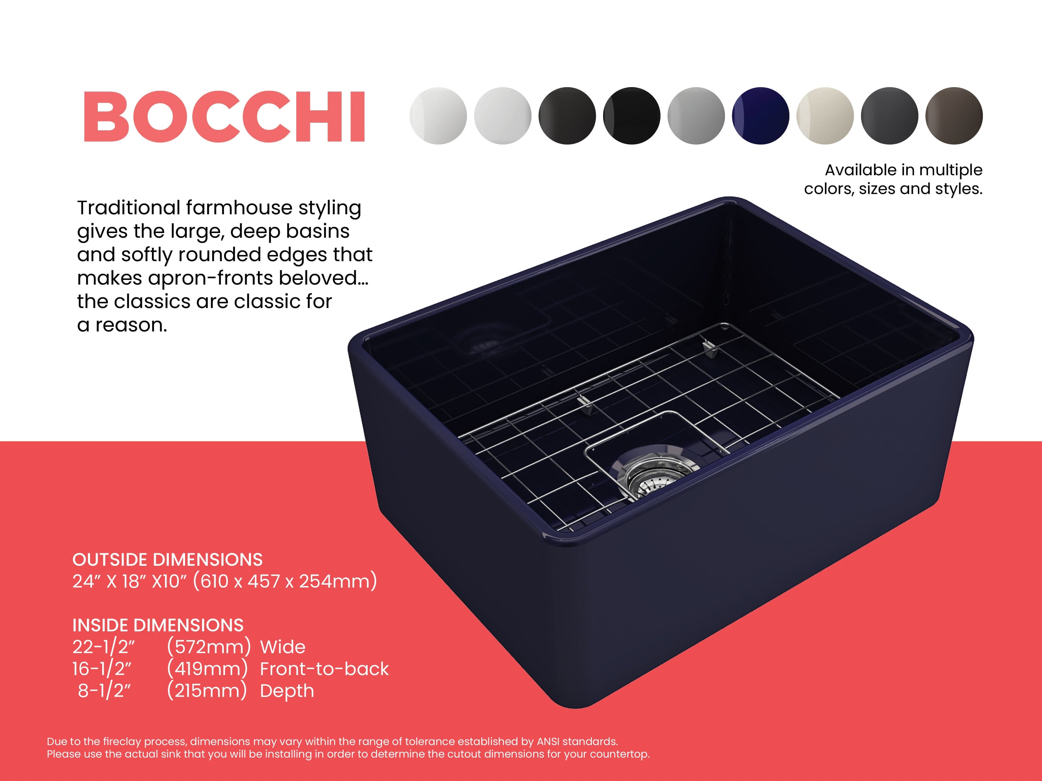 BOCCHI Classico 24-inch Fireclay Farmhouse Apron Front Single Bowl Kitchen Sink - Durable & Stylish for Modern Farmhouse, Rustic, and Traditional Kitchen Designs