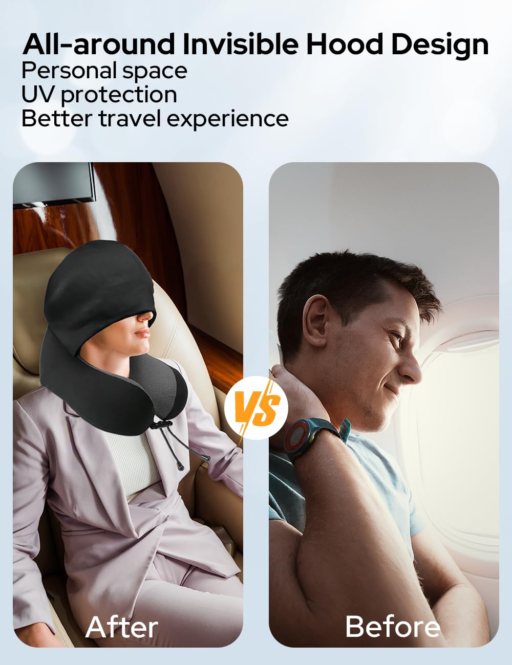 Halohop Hooded Neck Pillow for Airplane Travel - 100% Pure Memory Foam Neck Support Pillow for Flights, Cars & Office - Relieves Neck Pain, Machine Washable & Portable - Perfect for Long Flights, Road Trips & Work Breaks