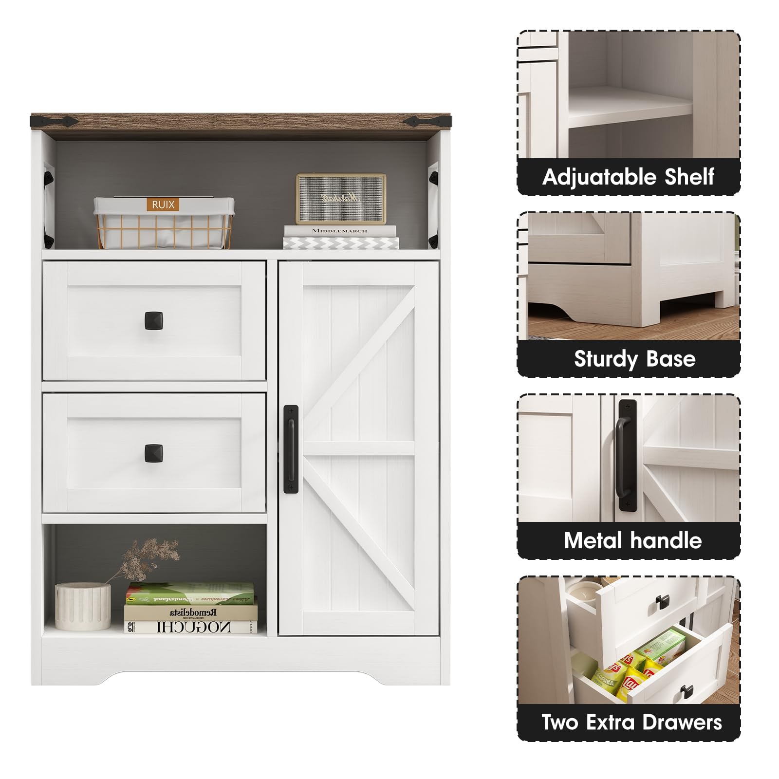 White Farmhouse Storage Cabinet with 2 Drawers & Open Shelves - Freestanding Organizer for Living Room, Bathroom, Kitchen & Laundry - Perfect for Home Decor, Storage Solutions & Small Space Organization