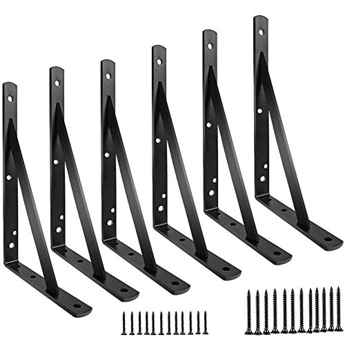 Heavy Duty 10 Inch Black Metal L Shelf Brackets - 6 Pack with Screws for Floating Shelves, Wall Mounted Open Shelving | Perfect for Kitchen Storage, Bathroom Organization & Home Decor (Multi-Size Available)