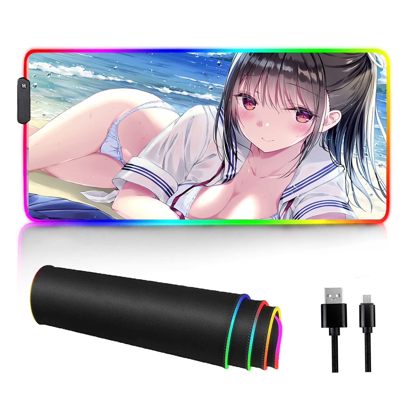 Anime Beach Sexy Girls RGB Gaming Mouse Pad - Non-Slip Rubber Base LED Mouse Mat for PC & Laptop Gaming (15.7x35.4 Inch) - Perfect for Gaming Setups & Office Workstations