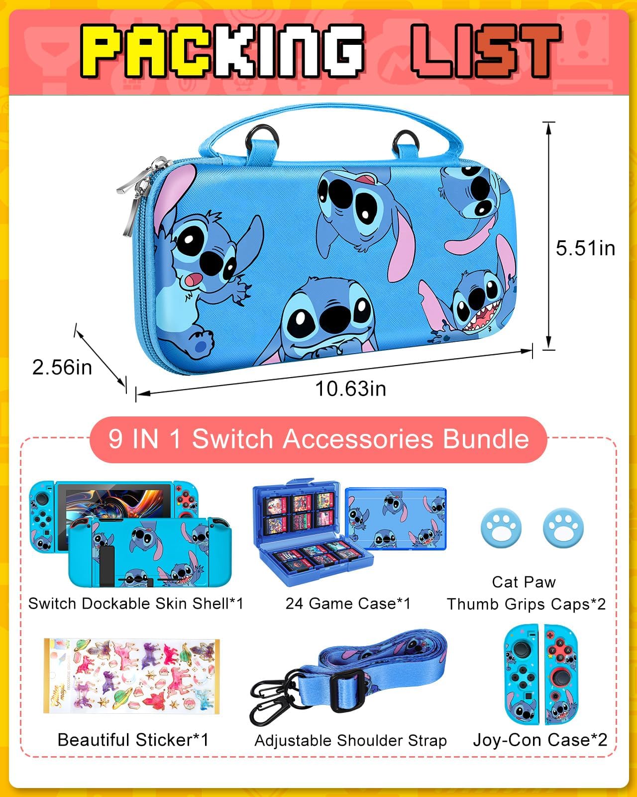 Nintendo Switch 9-in-1 Accessories Kit with Travel Case, Protective Cover, Game Holder, Strap, Stickers & Joycon Shells - Perfect for Kids & Travel | Cute Stit Design for Boys & Girls