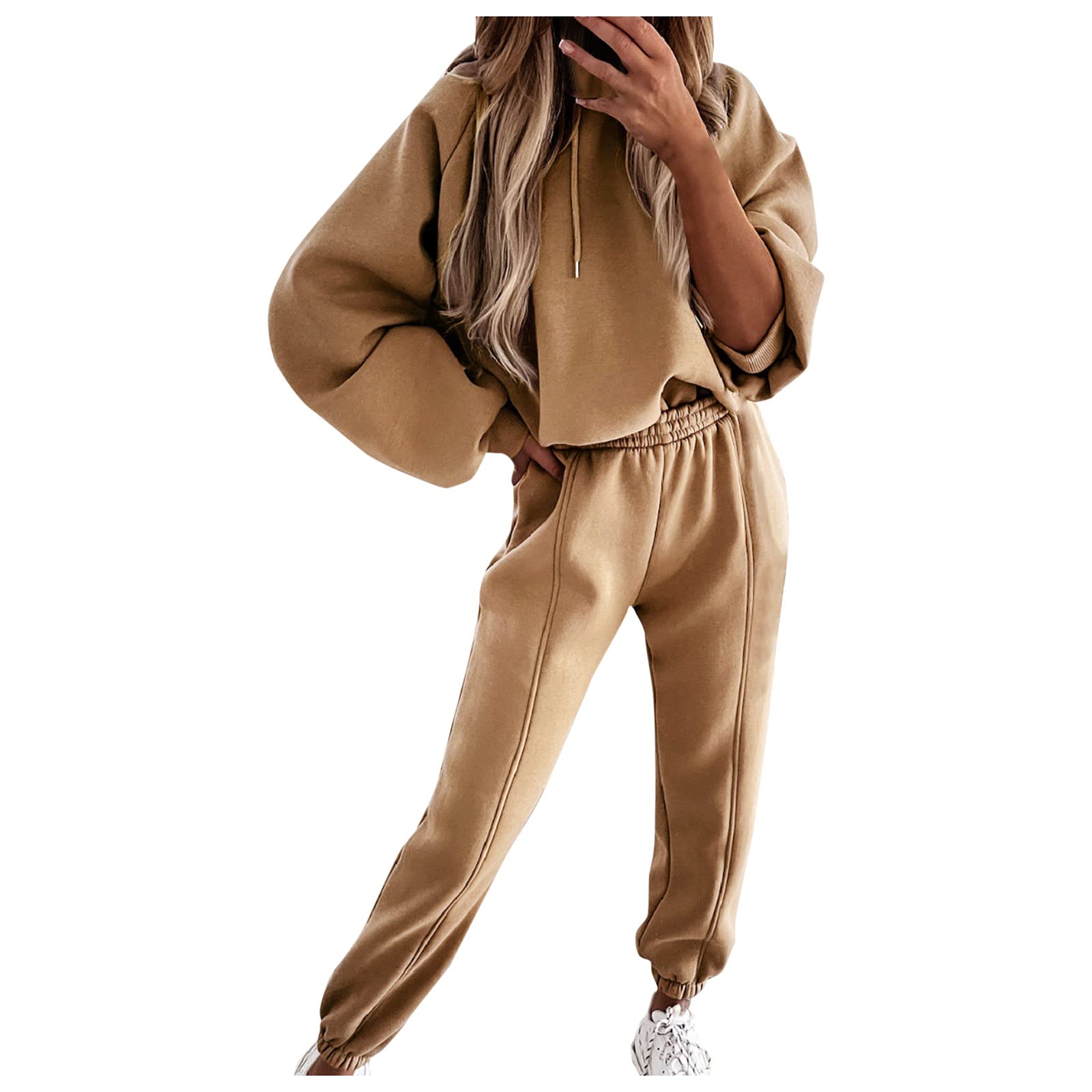 Women's 2-Piece Solid Color Sweatsuit Set - Long Sleeve Pullover Hoodie & Drawstring Jogger Pants | Casual Loungewear, Workout Outfits, Yoga Clothes & Streetwear Fashion