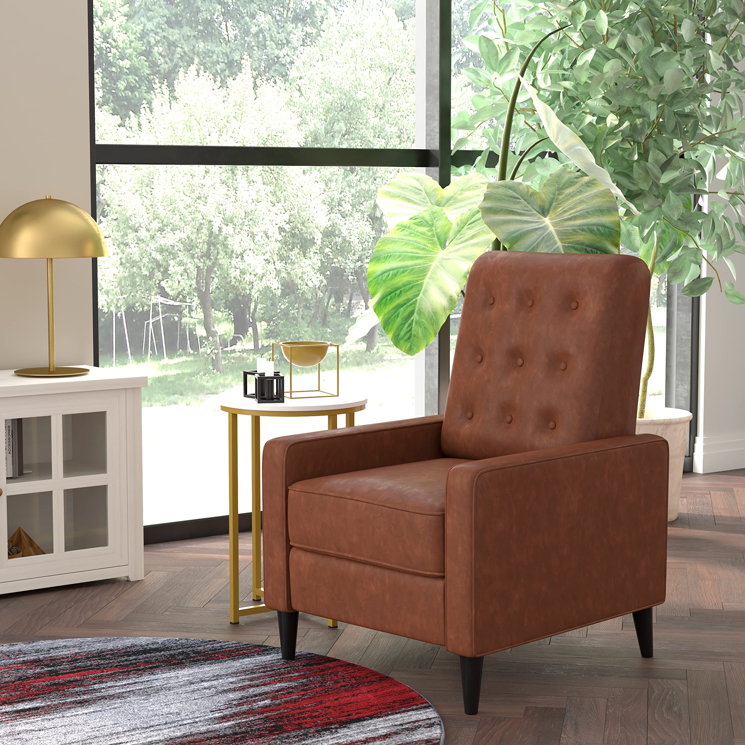 Mid-Century Modern Recliner Chair - Button Tufted Faux Leather in Cognac - Push Back Reclining Mechanism - Solid Wood Legs with Floor Protectors - Perfect for Living Room, Home Theater & Office Relaxation