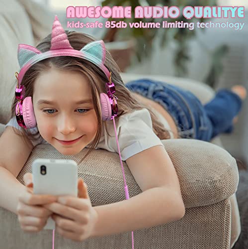 SVYHUOK Cute Cat Ear Wired Headphones for Girls, Kids & Teens - 3.5mm Jack with Microphone, Over-Ear Headset for School, Online Classes, Gaming & Music - Perfect Birthday & Christmas Gift (Princess Rose)