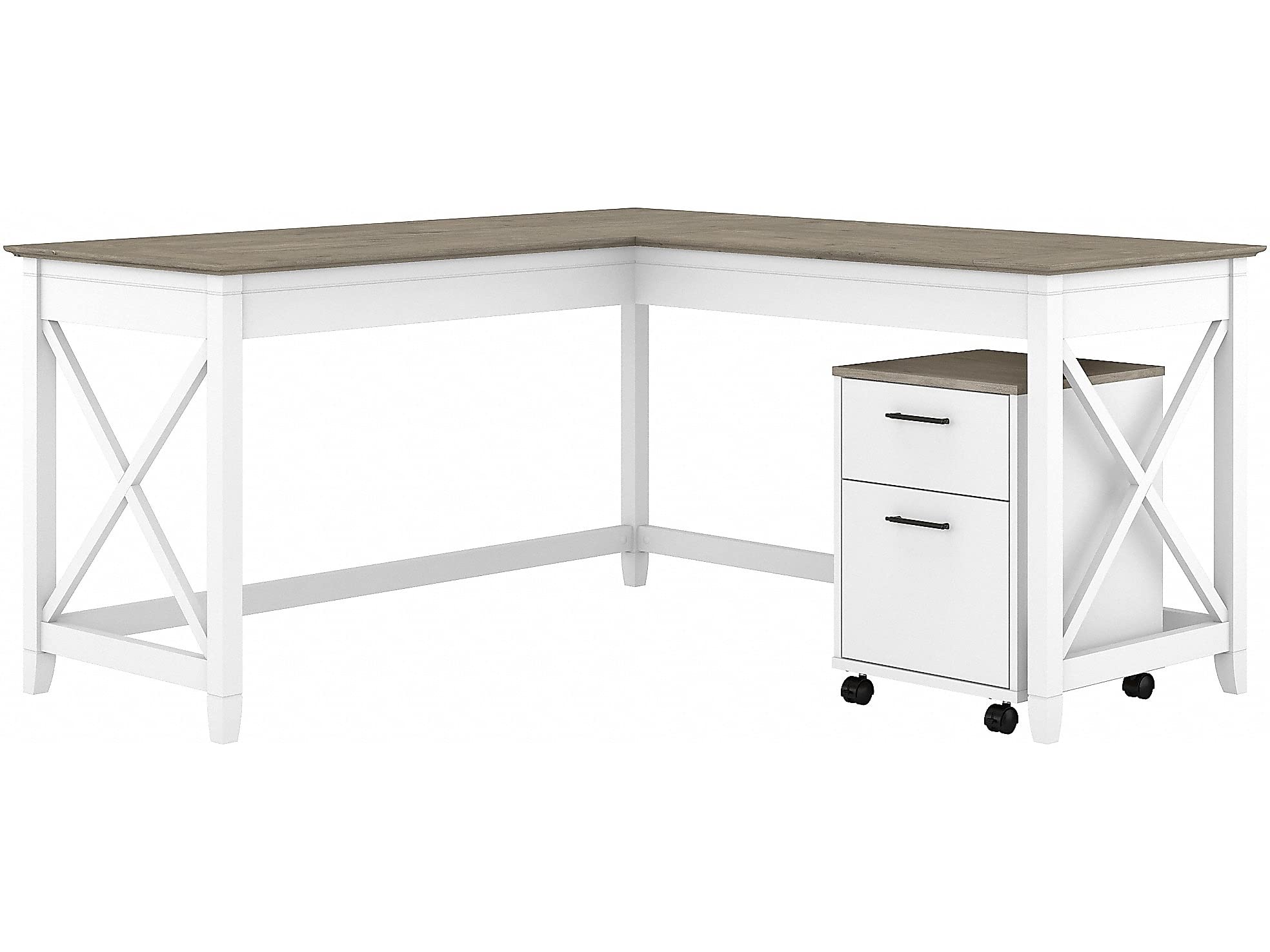 Bush Furniture Key West 60W L-Shaped Desk with 2 Drawers & Mobile File Cabinet - Pure White & Shiplap Gray | Home Office Workstation for Small Spaces & Gaming Setup