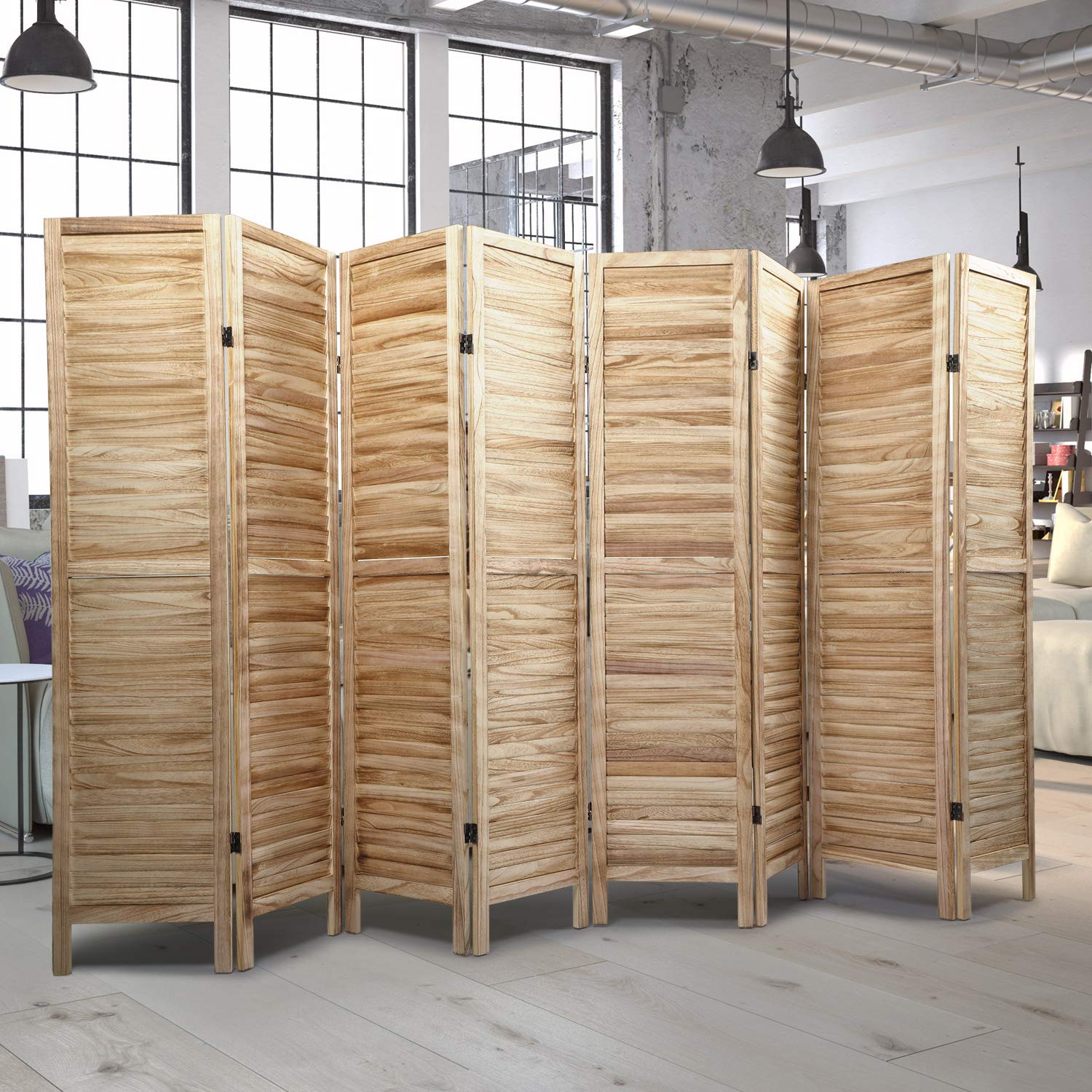 JAXPETY 8-Panel Wooden Room Divider - 5.6 Ft Tall Folding Privacy Screen with Oriental Design for Home, Office & Bedroom - Natural Finish | Perfect for Space Partition, Room Separation & Home Decor