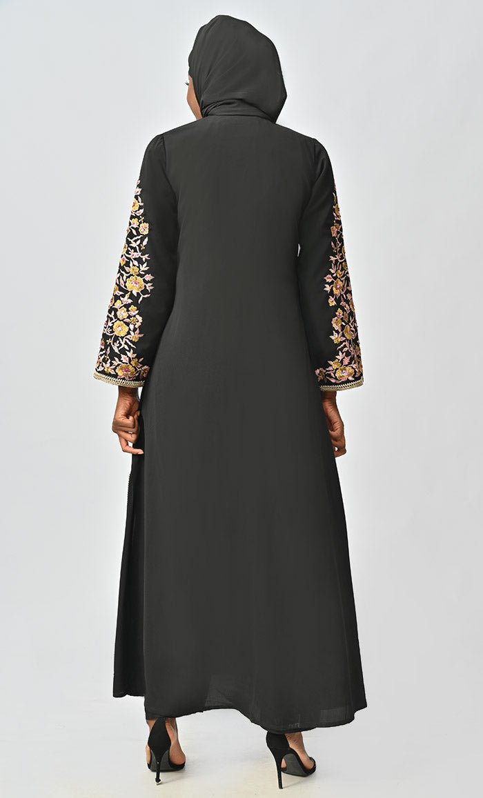 Black Islamic Designer Nida Machine & Hand Embroidered Abaya Dress - Modest Muslim Prayer Dress for Women - Perfect for Mosque, Eid & Special Occasions
