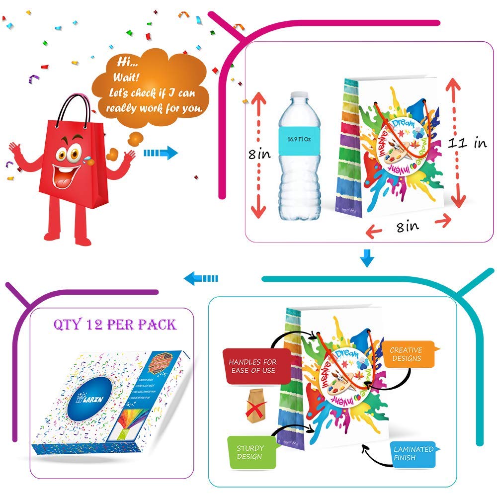 LARZN Premium Art Party Favor Bags - 12 Pack Medium Treat Bags for Paint Parties, Birthday Decorations & Gift Goodie Bags | Perfect for Kids Crafts, Classroom Activities & Party Favors