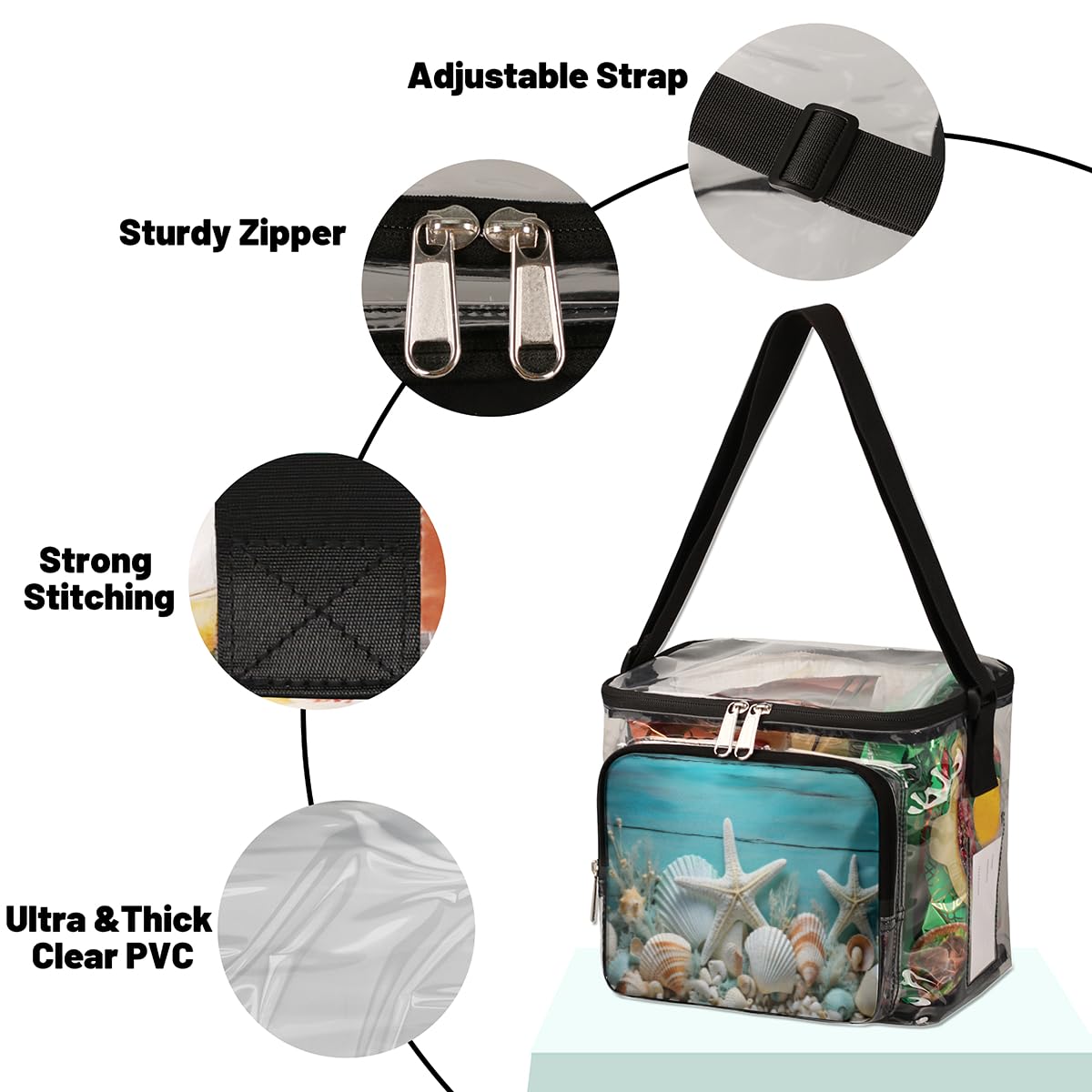 GzLeyigou Blue Wooden Starfish Seashell Transparent Beach Tote Bag with Handles - Clear Crossbody Shoulder Bag for Lunch, Outdoor, Travel, Picnic, Concerts & Sports Events | Perfect for Beach Days, Shopping, Music Festivals and Stadium Outings