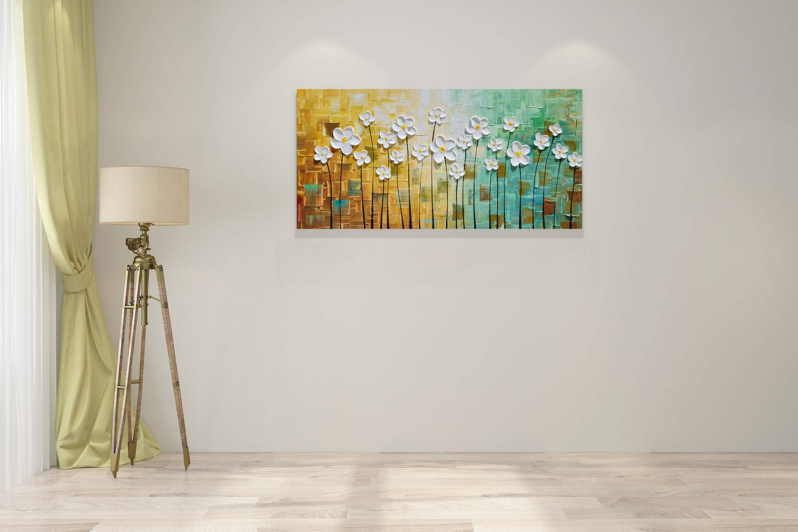 SYGALLERIER White Floral Canvas Wall Art - Hand Painted Heavy Textured Oil Painting in Teal & Yellow - Modern Abstract Artwork for Living Room, Bedroom, Dining Room Decor - Perfect for Home, Office & Gift Giving