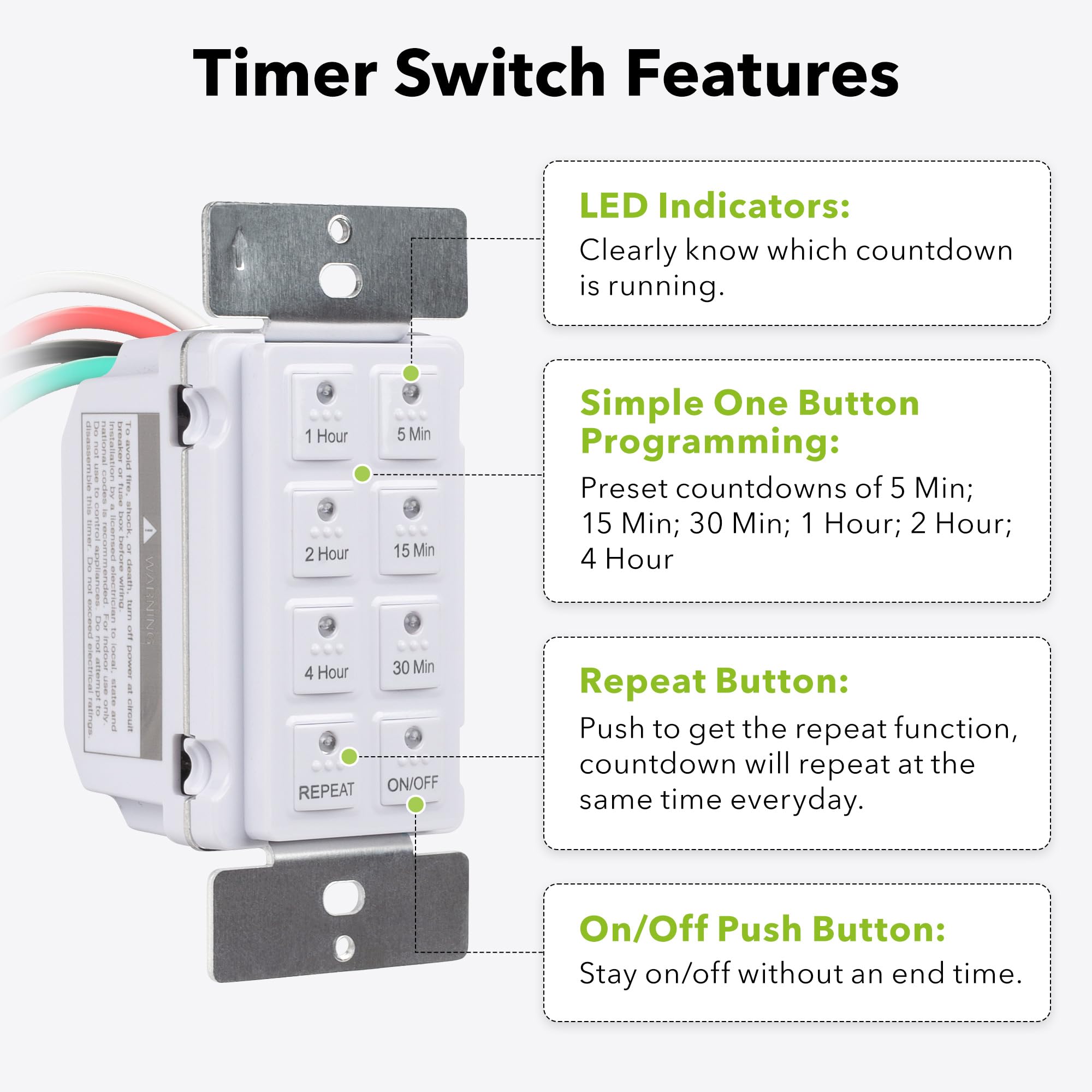 BN-LINK Digital In-Wall Timer Switch with Push Button - 5/15/30/60 Minutes & 2/4 Hours Countdown - Neutral Wire Required - Includes Free White Wall Plate - Perfect for Bathroom Fans, In-Wall Lights & Home Automation