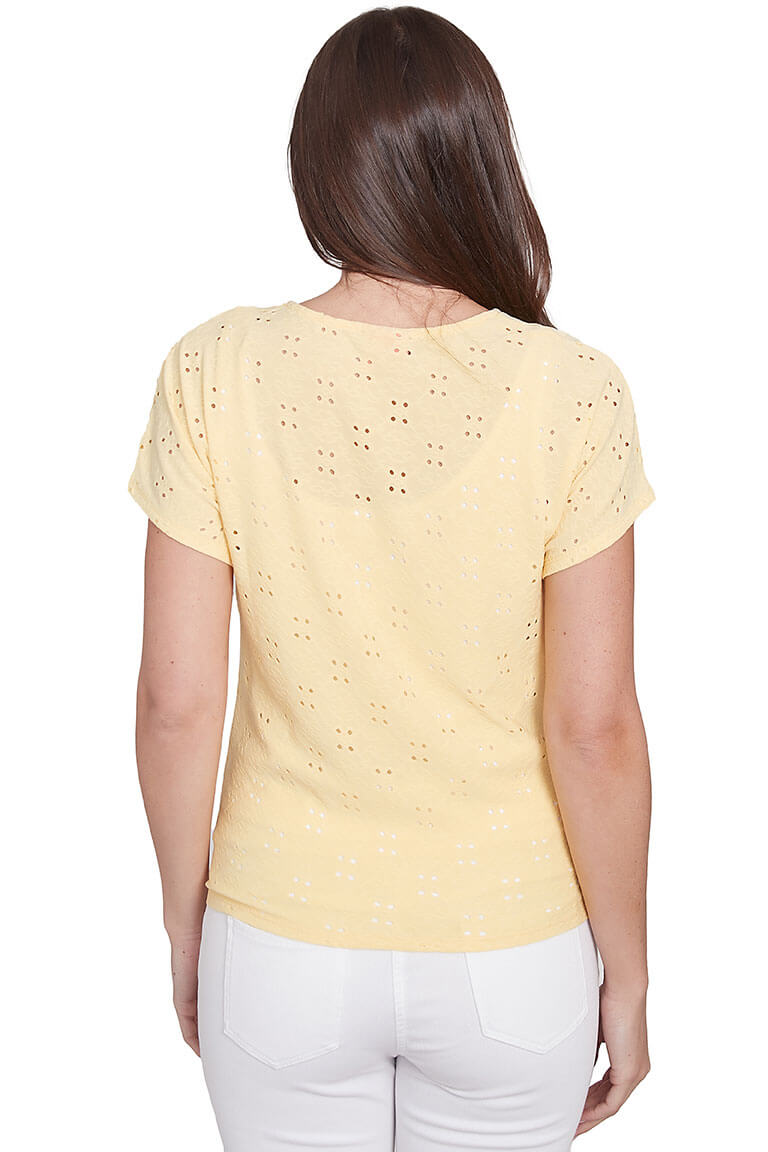 Peachy Keen Petite Buckle Neck Eyelet Top - Floral Summer Blouse for Women, Perfect for Beach Outings & Date Nights