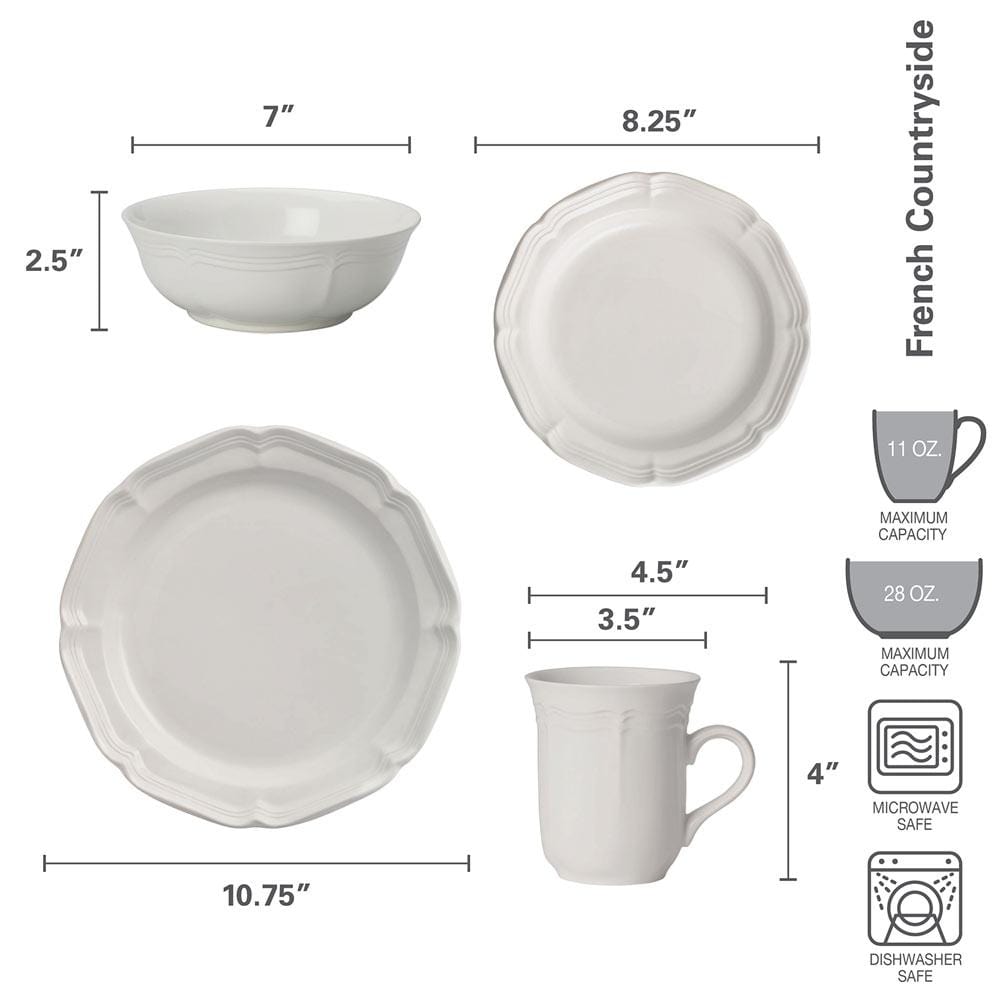 French Countryside® 16-Piece Porcelain Dinnerware Set - Service for 4 - Elegant Tableware for Everyday Dining & Entertaining - Perfect for Family Meals, Dinner Parties & Special Occasions