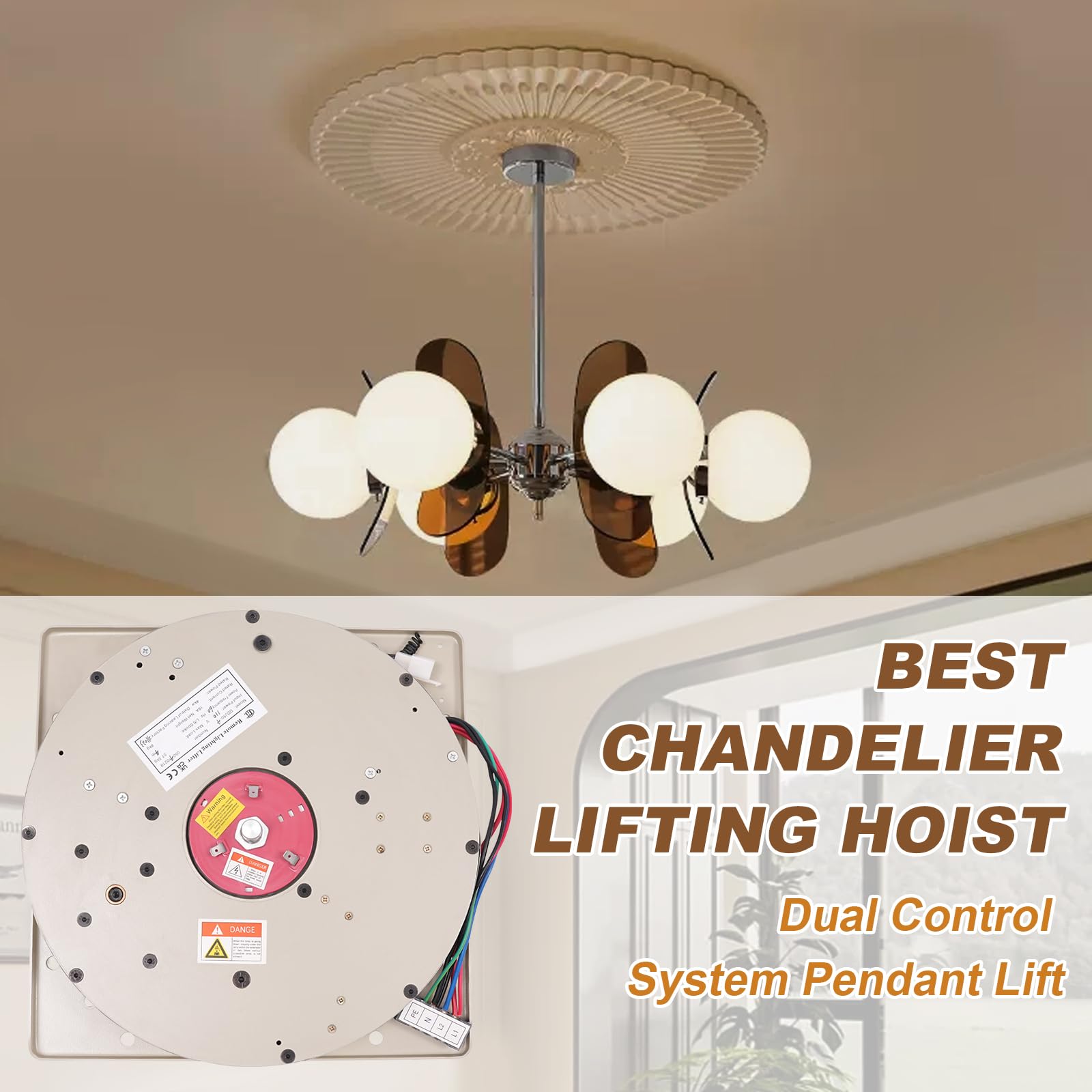 110LBS 13.12FT Motorized Chandelier Hoist Lift System with 2-in-1 Wall Switch & Remote Control - Heavy Duty Electric Ceiling Light Lifter for High Ceilings - Perfect for Villas, Churches, and Large Halls