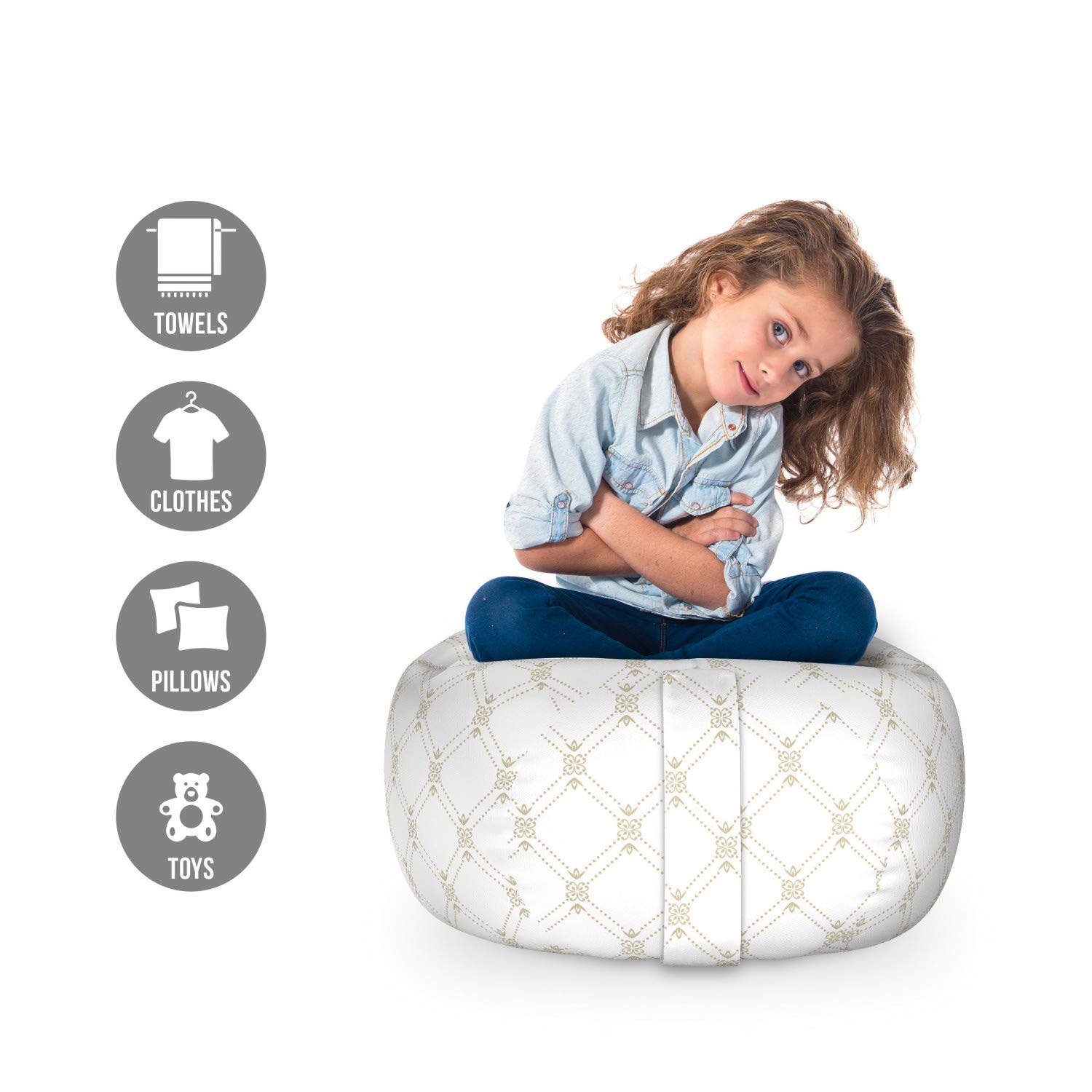 Ambesonne Trellis Storage Toy Bag Chair - Victorian Inspired Floral Dot Pattern on Plain Background, Washable Stuffed Animal Organizer, Small Size in Dusk & White - Perfect for Kids' Room, Nursery, and Playroom Storage