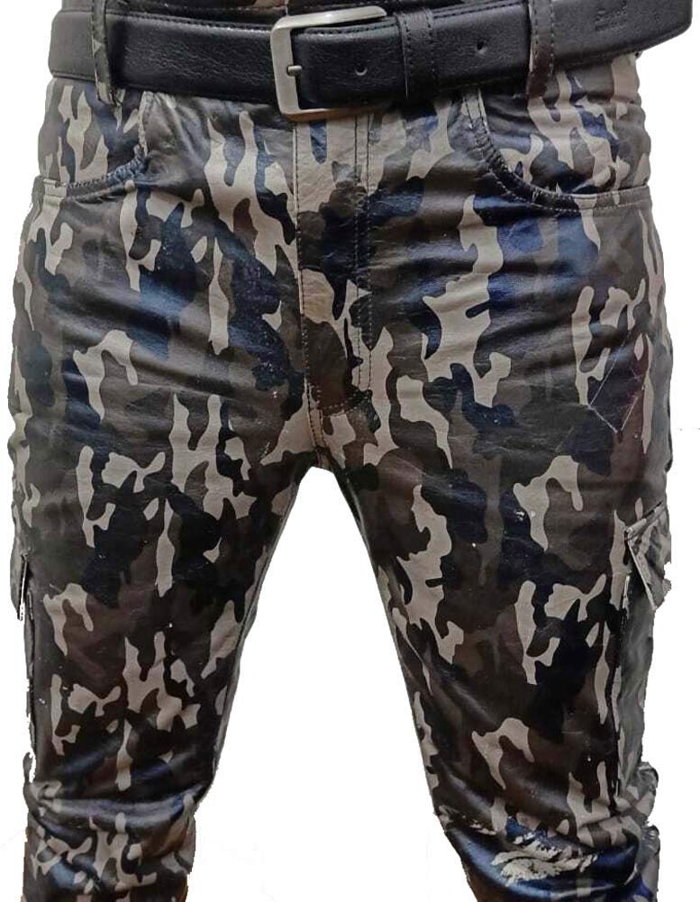 **Men's Genuine Cowhide Camouflage Leather Pants – Military Cargo Trousers with Pockets for Outdoor, Hunting & Adventure**