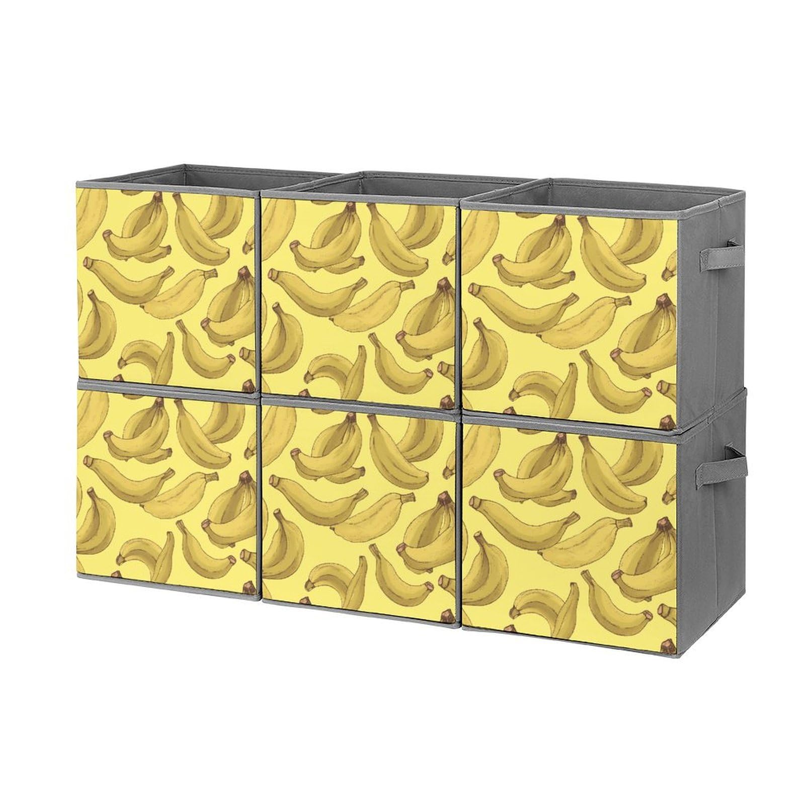 6-Piece Collapsible Storage Bins with Banana Print - Foldable Organizing Baskets with Handles for Home, Kitchen, Bathroom & Office - Space Saving Storage Containers for Shelves, Cabinets & Closet Organization