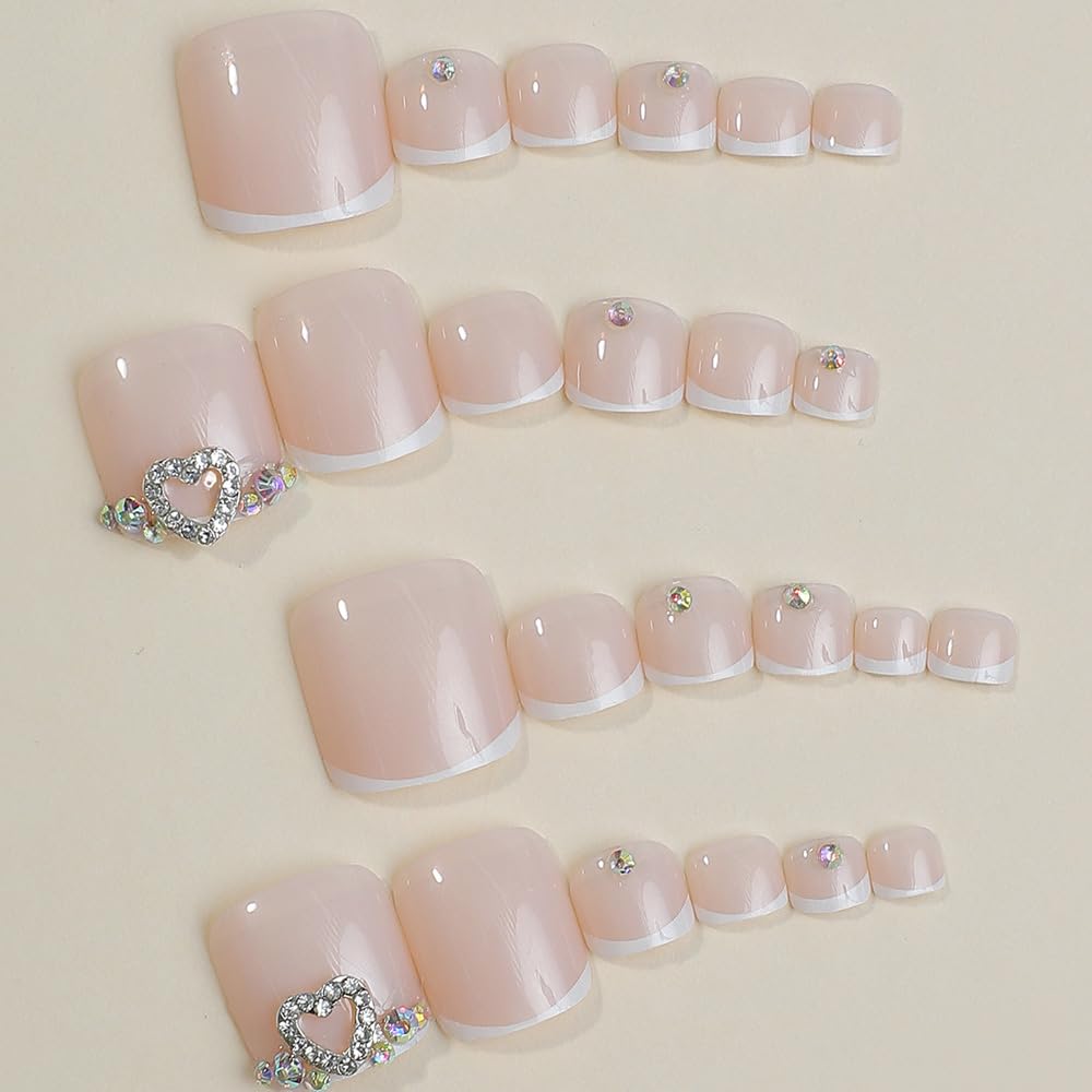 Elegant French Tip Press-On Toenails for Women - White Square Acrylic Fake Toe Nails with Rhinestone Heart Designs | Perfect for Weddings, Parties & Special Occasions