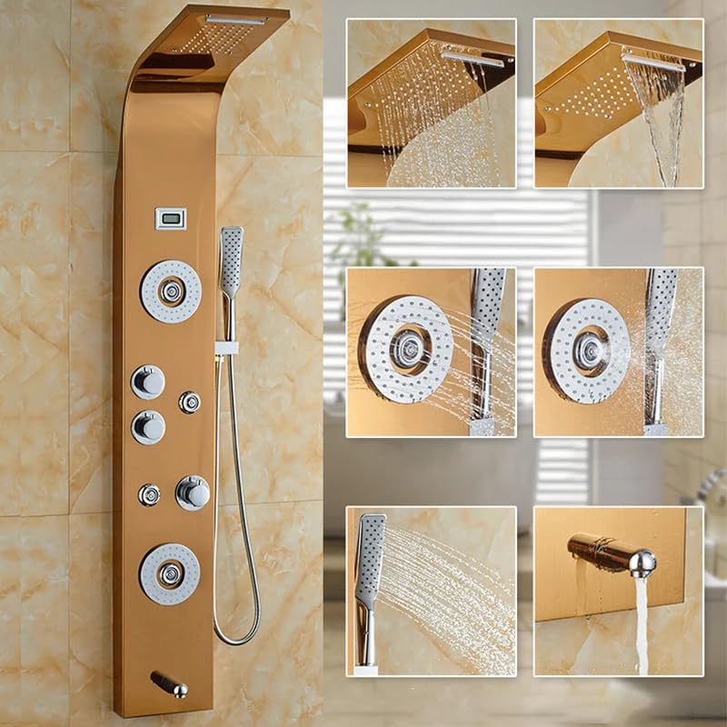 Premium 304 Stainless Steel 6-in-1 Digital LED Shower Panel System with Body Massage, Overhead Shower, Dual Flow, Body Jets & Handheld Spray - Gold Finish | Luxury Bathroom Upgrade for Spa-Like Experience
