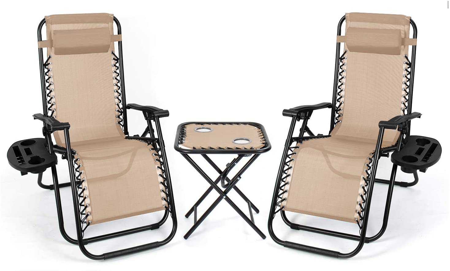 Zero Gravity Chair Outdoor Recliner - Adjustable Folding Lounge Chair with Side Table & Cup Holders for Pool, Patio, Beach, Camping & Backyard Relaxation (Beige) | Perfect for Sunbathing, Reading & Outdoor Leisure