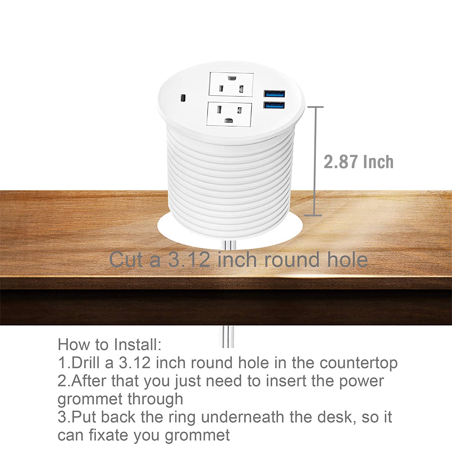 Kungfuking 20W USB C Power Grommet - 2 AC Outlets & 3 USB Ports for Office Desk