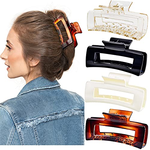 4PCS Large Hair Claw Clips for Women - 4.1 Inch Strong Hold Banana Jaw Clips, Non-Slip Acrylic Rectangular Hair Clips for Thick Hair - Perfect for Ponytails, Buns and Everyday Hairstyles