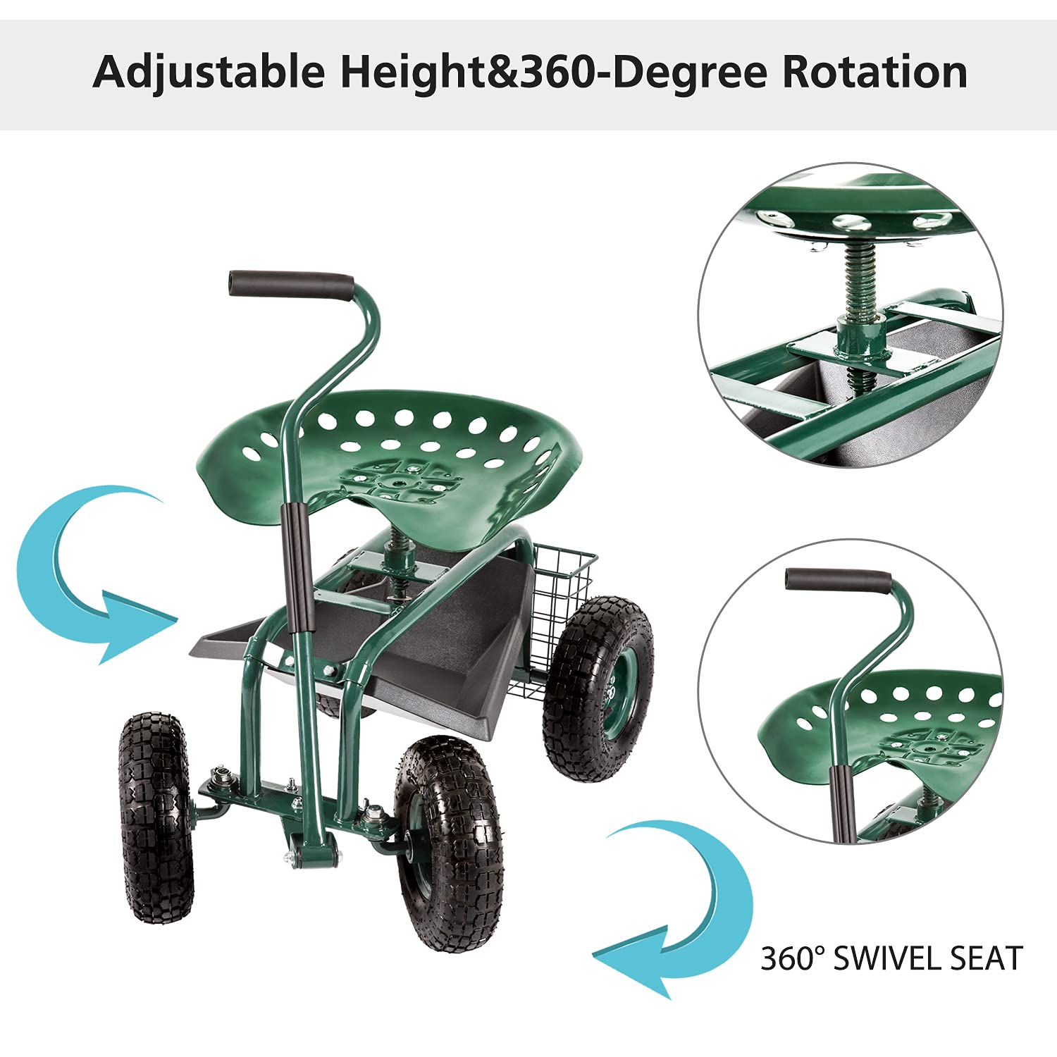 Heavy Duty Garden Cart with Wheels - Outdoor Rolling Work Seat & Patio Wagon Scooter for Planting, Gardening, and Yard Work - Includes Tool Tray for Convenient Storage (Perfect for Landscaping, Farming, and Home Garden Maintenance)
