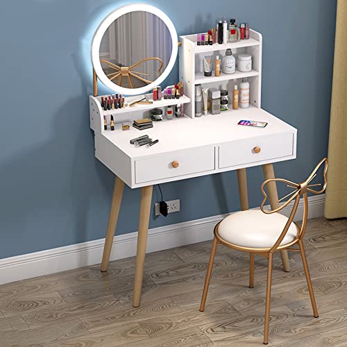 Lighted Makeup Vanity Set with Mirror & Stool - 80CM White Dressing Table for Bedroom Beauty Routine