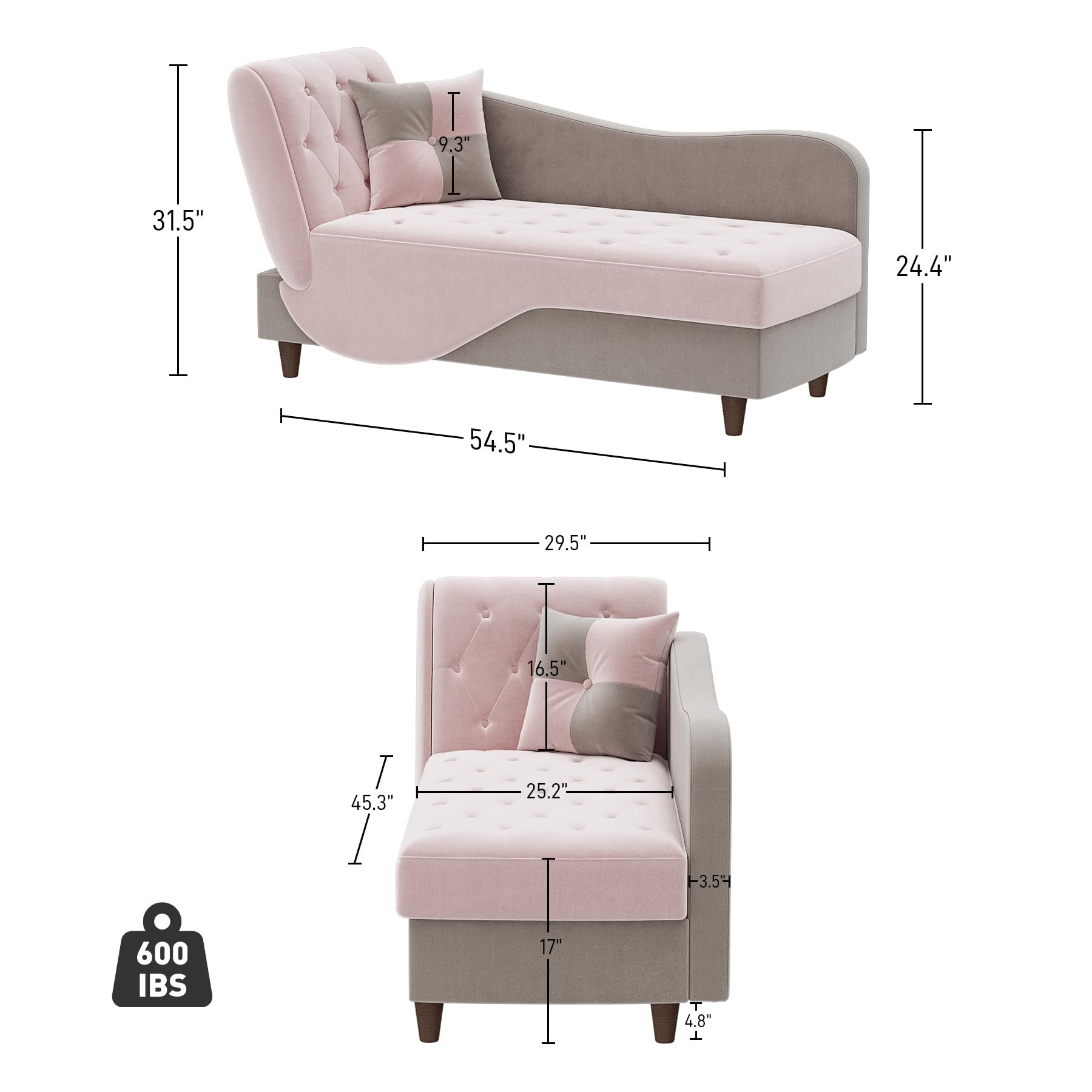 OUYESSIR Velvet Upholstered Adjustable Chaise Lounge Sofa with Storage & Pillow - Button Tufted Recliner for Living Room, Bedroom, Office (Pink/Gray) - Perfect for Small Space, Reading Nook & Home Theater Seating