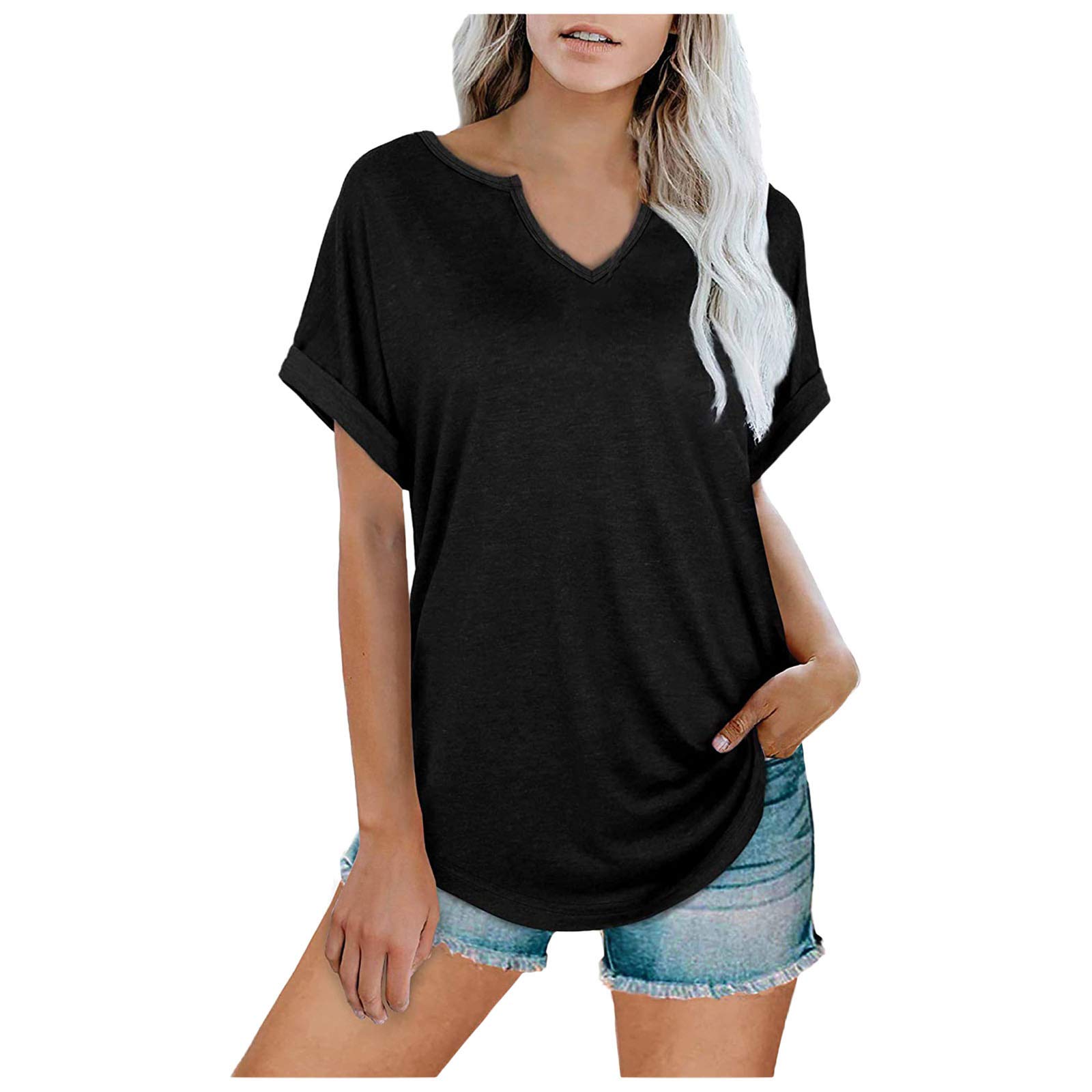 Women's Casual Summer V-Neck Short Sleeve Blouse - Loose Fit Work Tunic Shirt, Solid Color (Black, XL) - Perfect for Office, Beach & Everyday Wear
