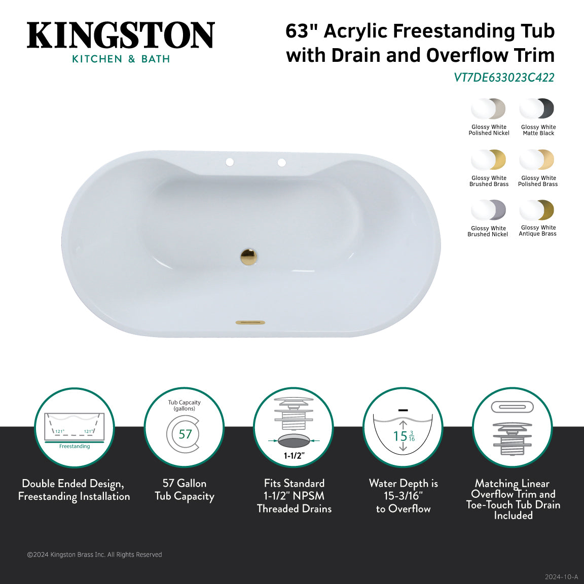 Aqua Eden 63-Inch Acrylic Oval Freestanding Bathtub - Double Ended Soaking Tub with Drain - Glossy White/Matte Black Finish for Luxury Bathroom & Spa Relaxation