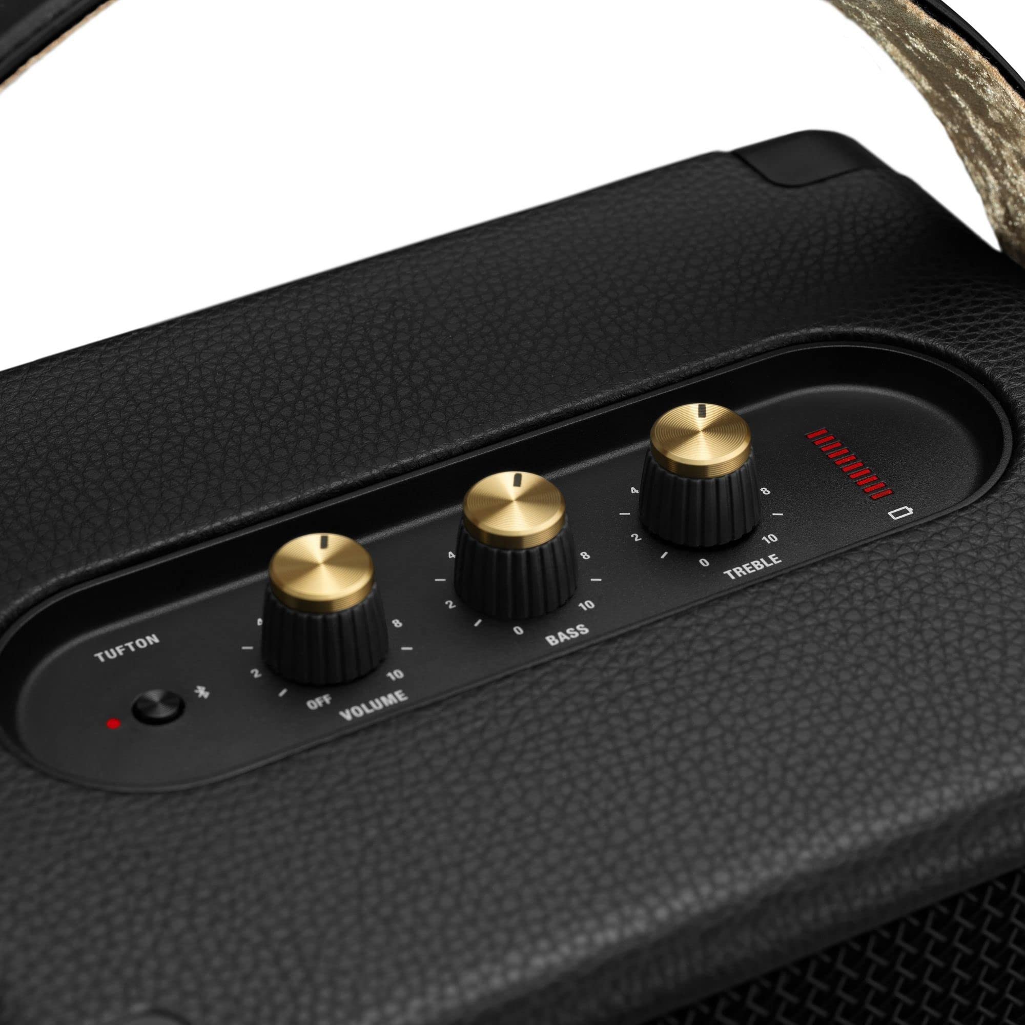 Marshall Tufton Portable Bluetooth Speaker - Wireless Outdoor Speaker with Rich Bass, 20+ Hours Playtime, IPX4 Waterproof, Black & Brass Finish - Perfect for Camping, Beach Parties & Home Entertainment