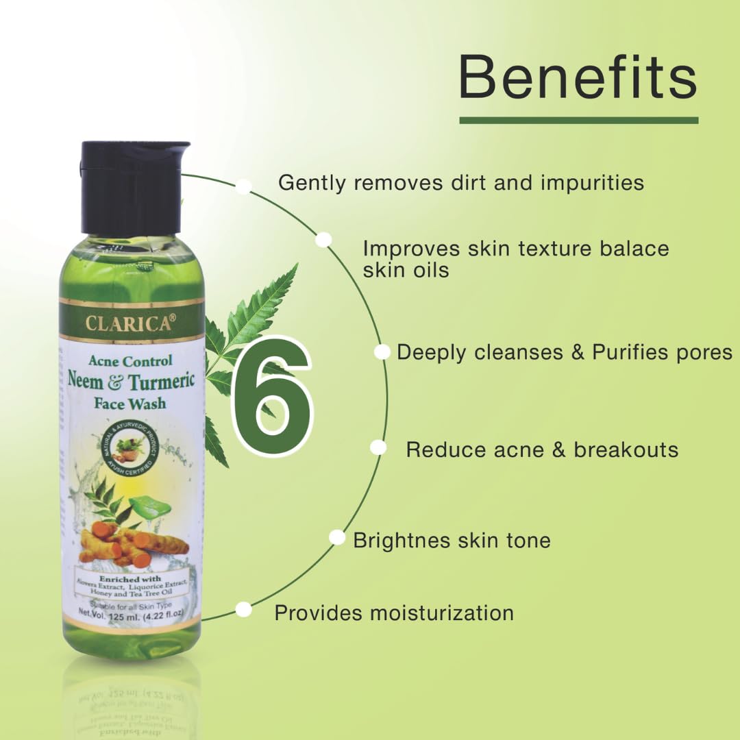 Clarica Neem Face Wash for Acne Prone Skin - Sulfate & Paraben Free Anti Acne Cleanser with Tea Tree Oil for Oily & Sensitive Skin - 125ml for Women & Men | Daily Deep Cleansing & Pore Minimizing Skincare Routine
