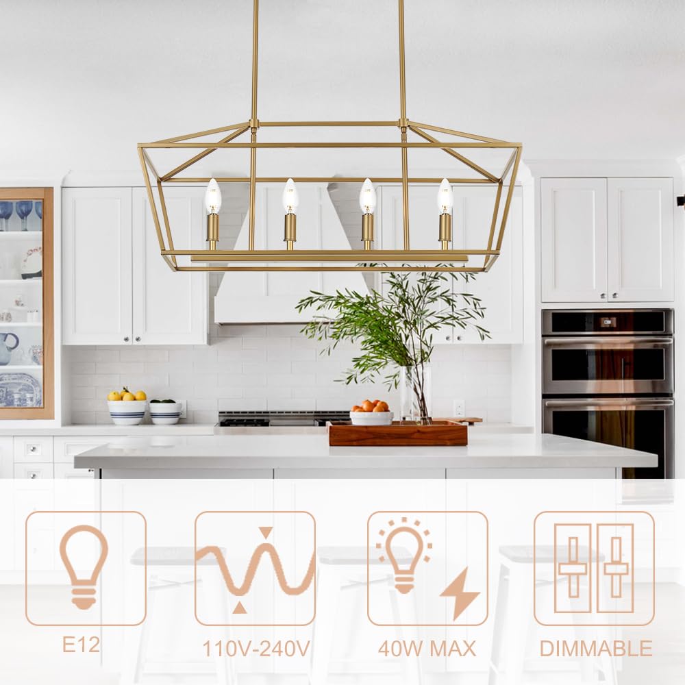4-Lights Golden Pendant Light Fixtures - Adjustable Height Modern Lantern Linear Chandelier for Dining Room Ceiling Lighting | Perfect Hanging Light Over Kitchen Island, Breakfast Bar or Dining Table