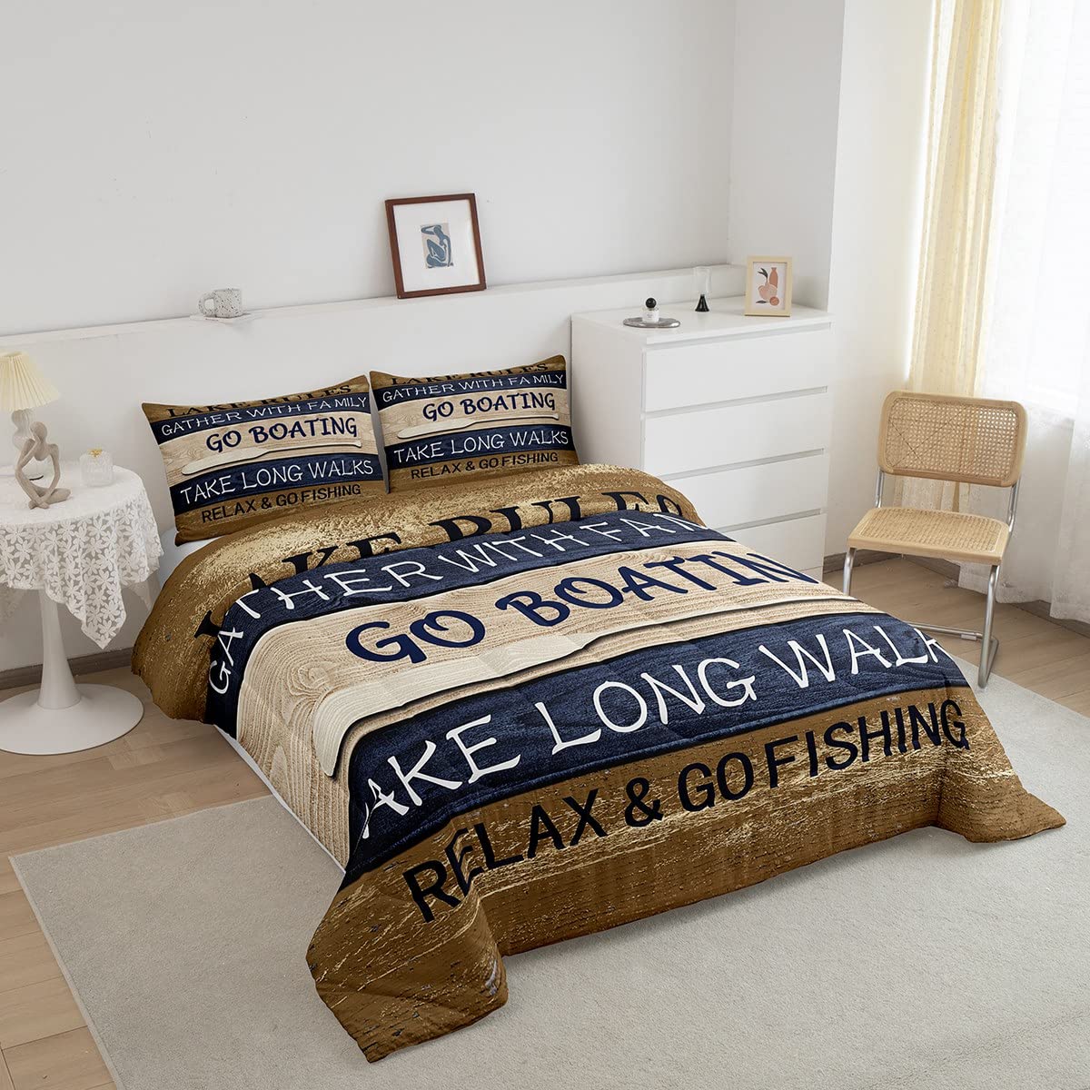 Boys' Lake House Comforter Set - 3 Piece Rustic Farmhouse Bedding with Quilted Duvet & Pillowcases, Twin Size Brown Wooden Theme - Perfect for Cozy Bedrooms, Cabin Retreats & Lakeside Homes