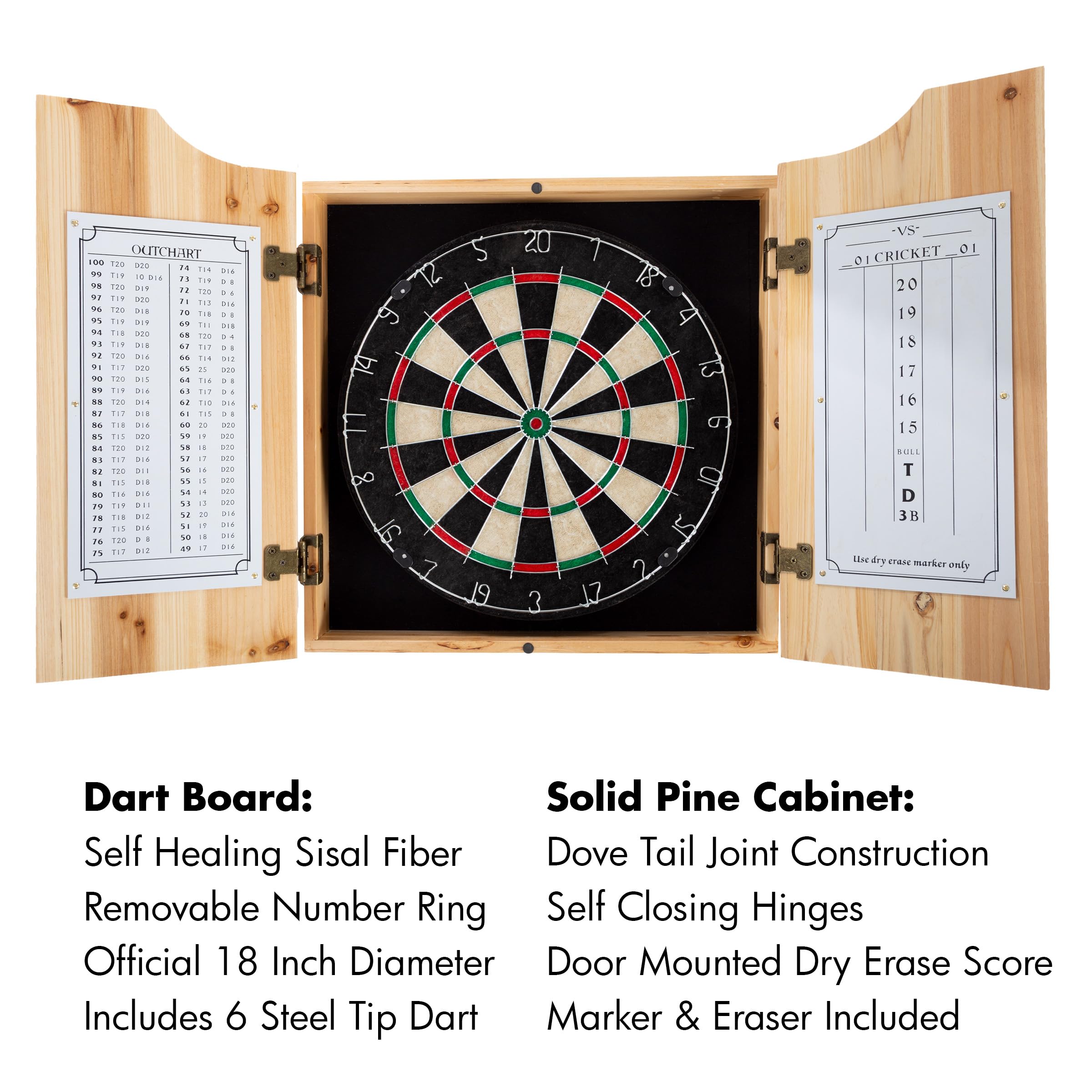 Dallas Stars Logo Dartboard Cabinet Set with 6 Steel Tip Darts, Scoreboard & Wooden Hanging Cabinet - Professional Bristle Dart Board for Game Room, Bar, or Man Cave - Perfect for Sports Fans & Home Entertainment