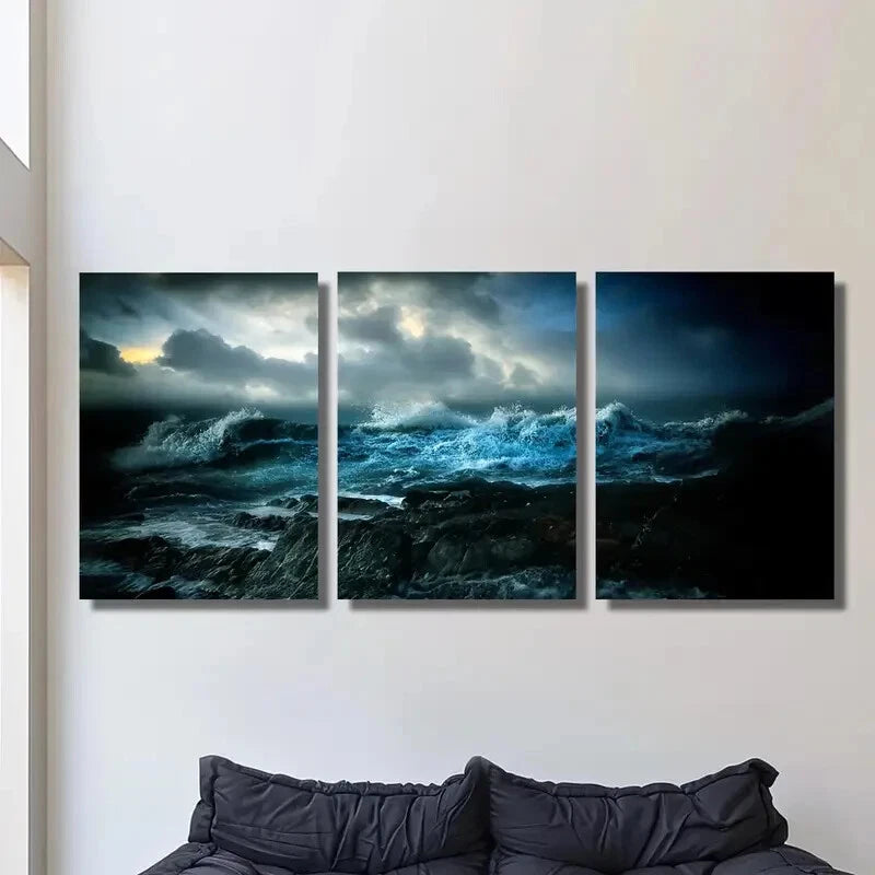 3-Piece Deep Blue Ocean Waves at Night Metal Wall Art - Ready to Hang Home Decor for Living Room, Bedroom & Office
