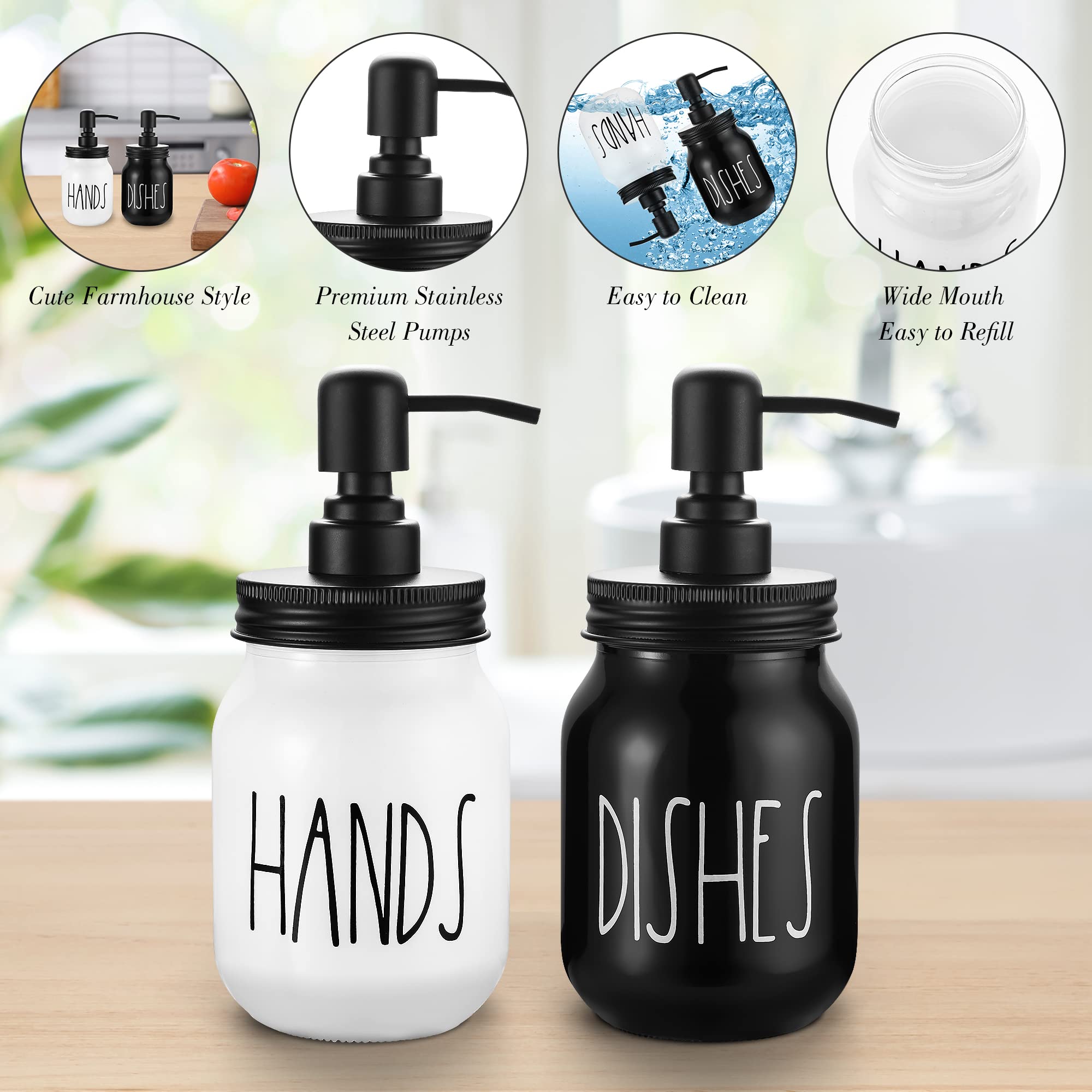 Brighter Barns Mason Jar Soap Dispenser Set - Farmhouse Kitchen Decor in Black/White - Glass Hand & Dish Soap Dispenser for Kitchen Sink - Perfect for Rustic and Modern Home Kitchens