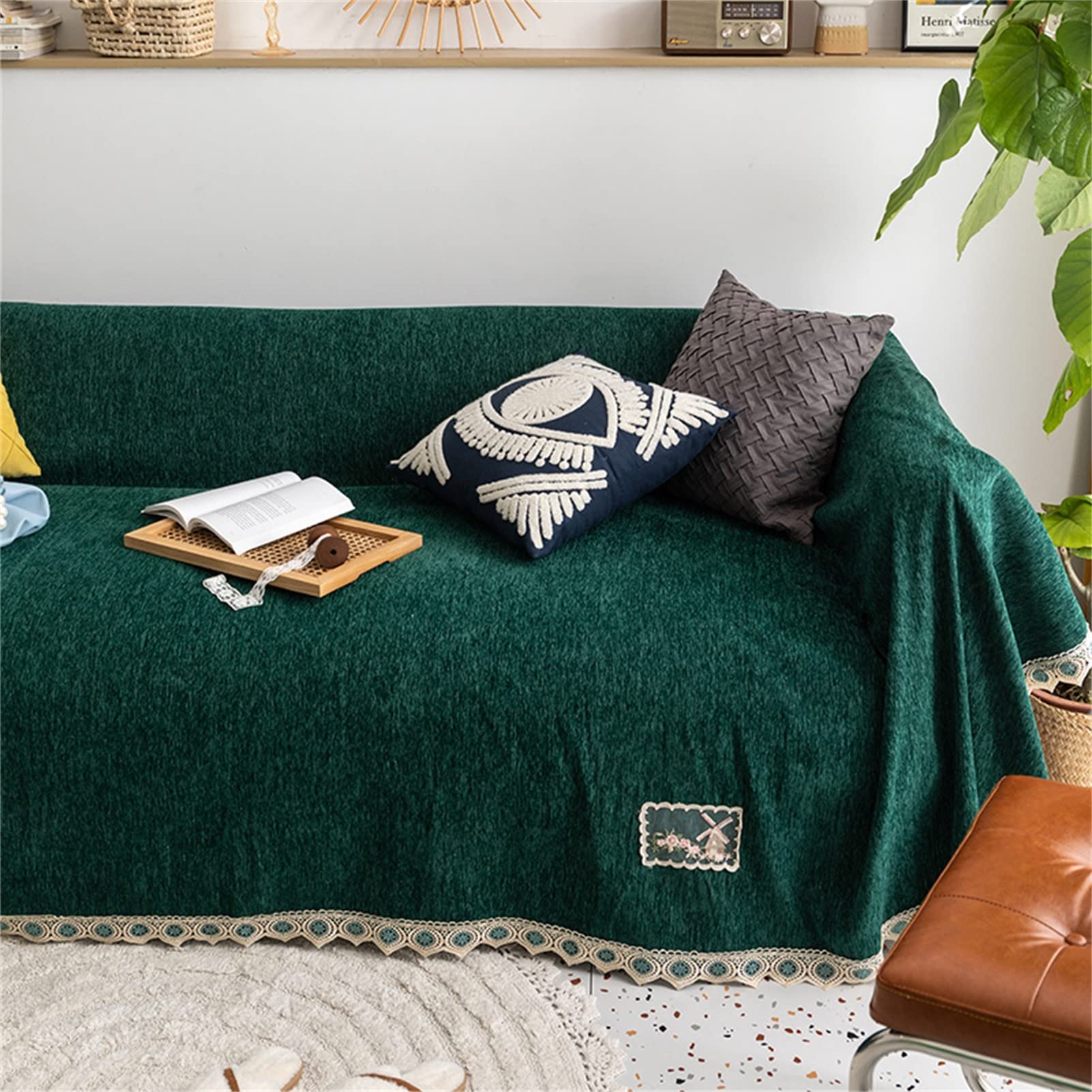 Nordic Simple Chenille Sofa Towel Cover - Non-Slip Couch Cushion Protector - Customizable Dark Green Sofa Blanket 180x150cm - Perfect for Living Room, Bedroom & Home Decor