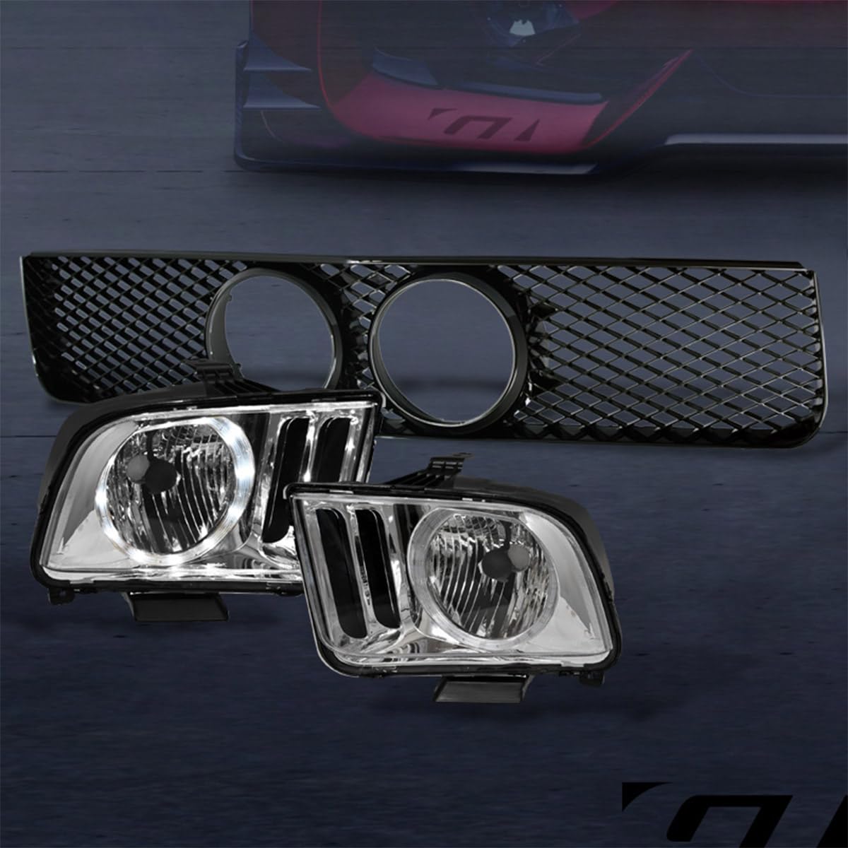 R&L Racing 05-09 Ford Mustang GT Black Mesh Front Hood Bumper Grill Grille with Fog Light Holes | High-Performance Upgrade for Street & Track Racing
