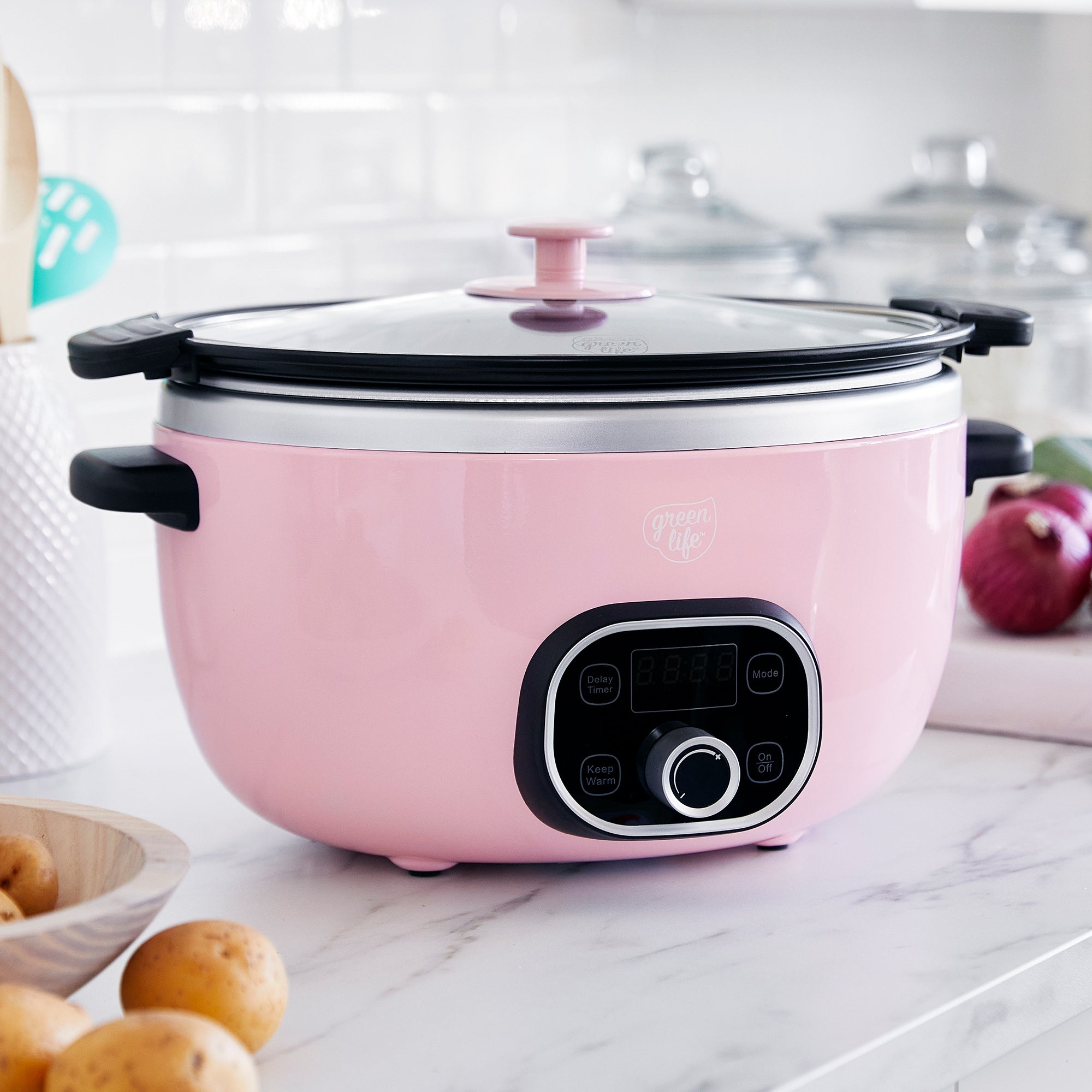GreenLife Healthy Duo 6 Quart Slow Cooker with Removable Stoneware Pot - Perfect for Family Dinners, Meal Prep & Entertaining | Pink