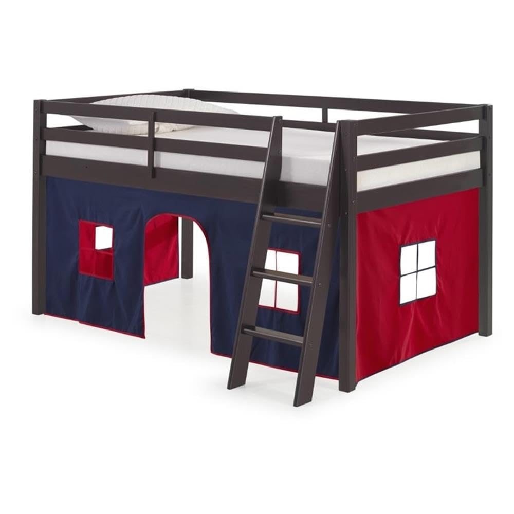 Rosebery Twin Size Junior Loft Bed with Blue & Red Play Tent - Espresso Wood Finish for Kids' Bedroom, Playroom or Dorm Room