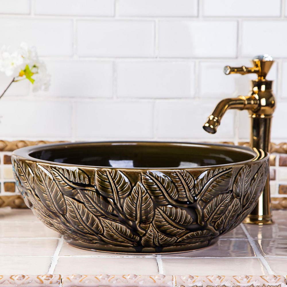 SHAWLA Round Ceramic Vessel Sink - Peony Painting Countertop Basin for Bathroom Vanity, Above Counter Wash Basin - Perfect for Modern Bathrooms, Powder Rooms & Guest Suites