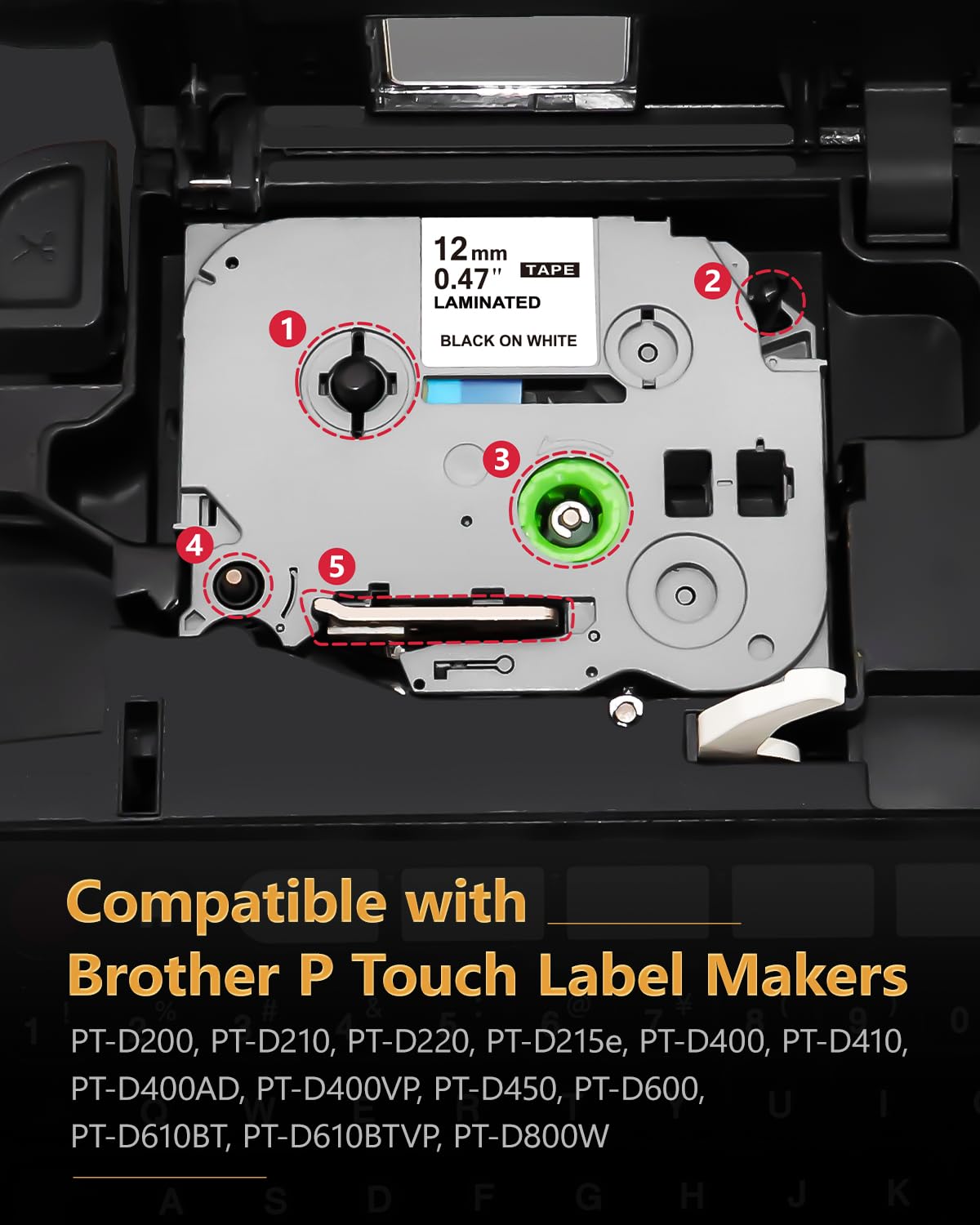 5 Pack Brother P-Touch Label Maker Tape Refills - TZe-231, TZe231, TZe, TZ Tape (12mm/1/2 Inch) - Black on White - Compatible with PT-2040, PTD210, PTD400AD - Perfect for Office Organization, Shipping Labels & Home Storage
