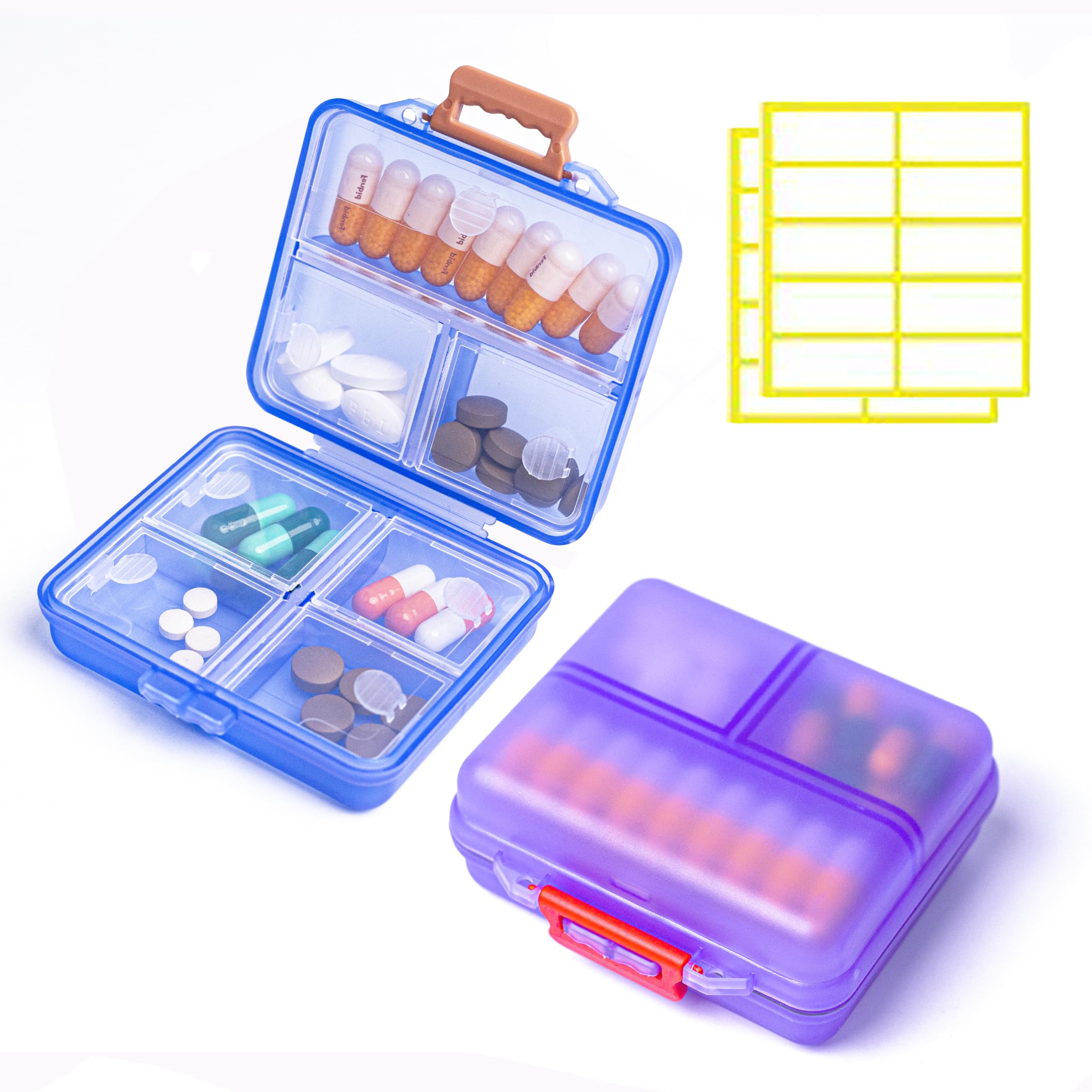 2 Pack Travel Pill Organizer with Label - Small Portable 7 Compartment Pill Case, Mini Medicine Container Box for Daily Use, Food Grade PP Material (Purple & Blue) - Perfect for Travel, Work, and Home Medication Storage