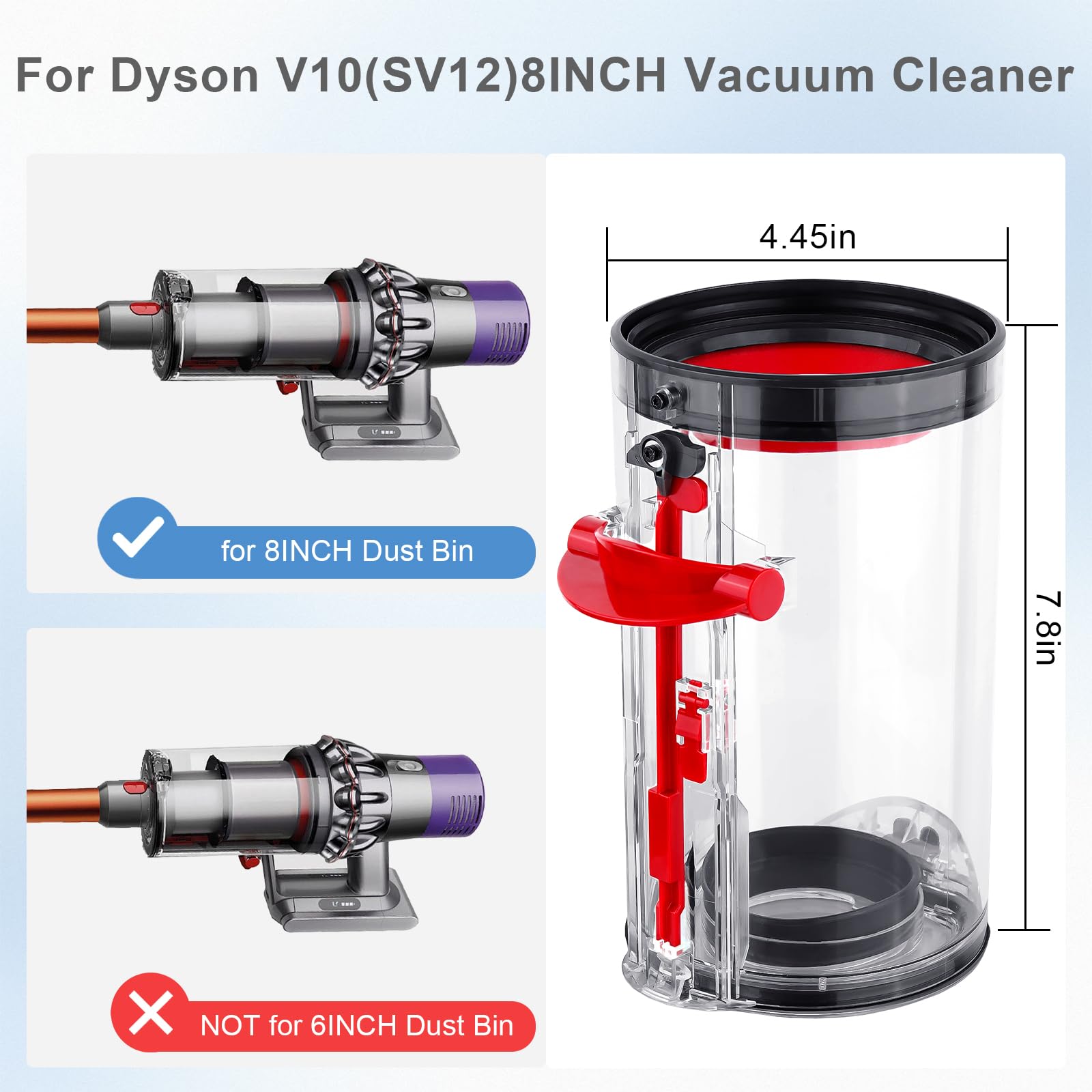 Dyson V10 Vacuum Cleaner Replacement Dust Bin - Large 8 Inch Canister Compatible with Dyson V10 Absolute/Animal (Part No. 969509-01) - Perfect for Pet Hair, Deep Cleaning & Home Maintenance