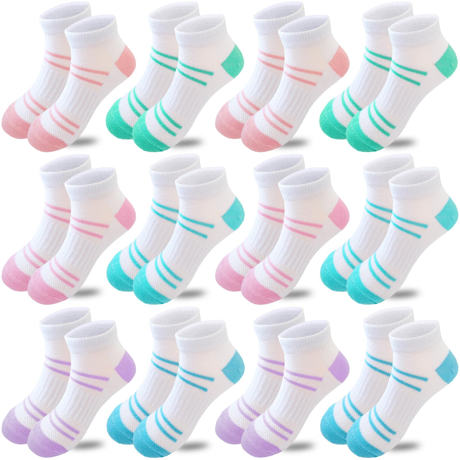 Bemeol 12 Pairs Girls Athletic Socks - Low Cut Ankle Sports Socks for Kids, Soft Cotton Breathable Socks - Perfect for Running, School, Gym & Daily Wear