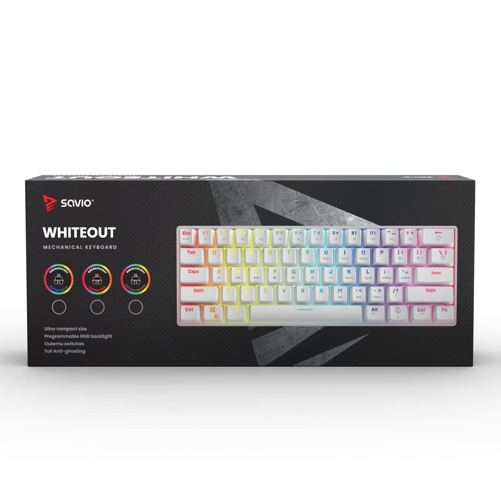 SAVIO Mechanical Gaming Keyboard - Whiteout Blue (Outemu Blue Switches) - White Backlit - Wired USB Keyboard for PC/Mac - Perfect for Gaming, Typing & Office Work