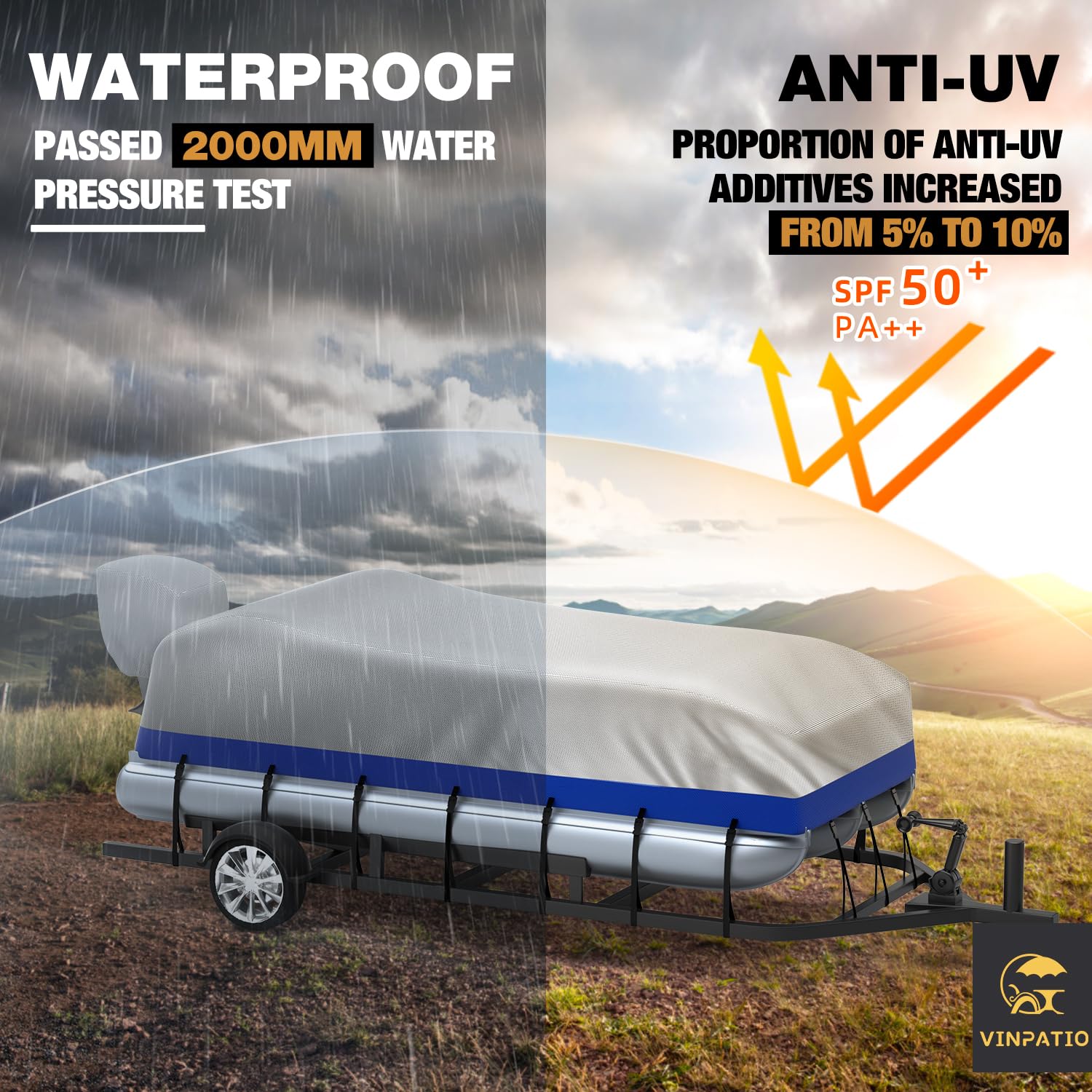 Heavy Duty 800D Marine Grade Waterproof Pontoon Boat Cover with Motor Cover - UV Resistant Solution-Dyed Polyester - Fits 25' to 28' Boats (Blue-Silver) - Perfect for Outdoor Storage & Dock Protection